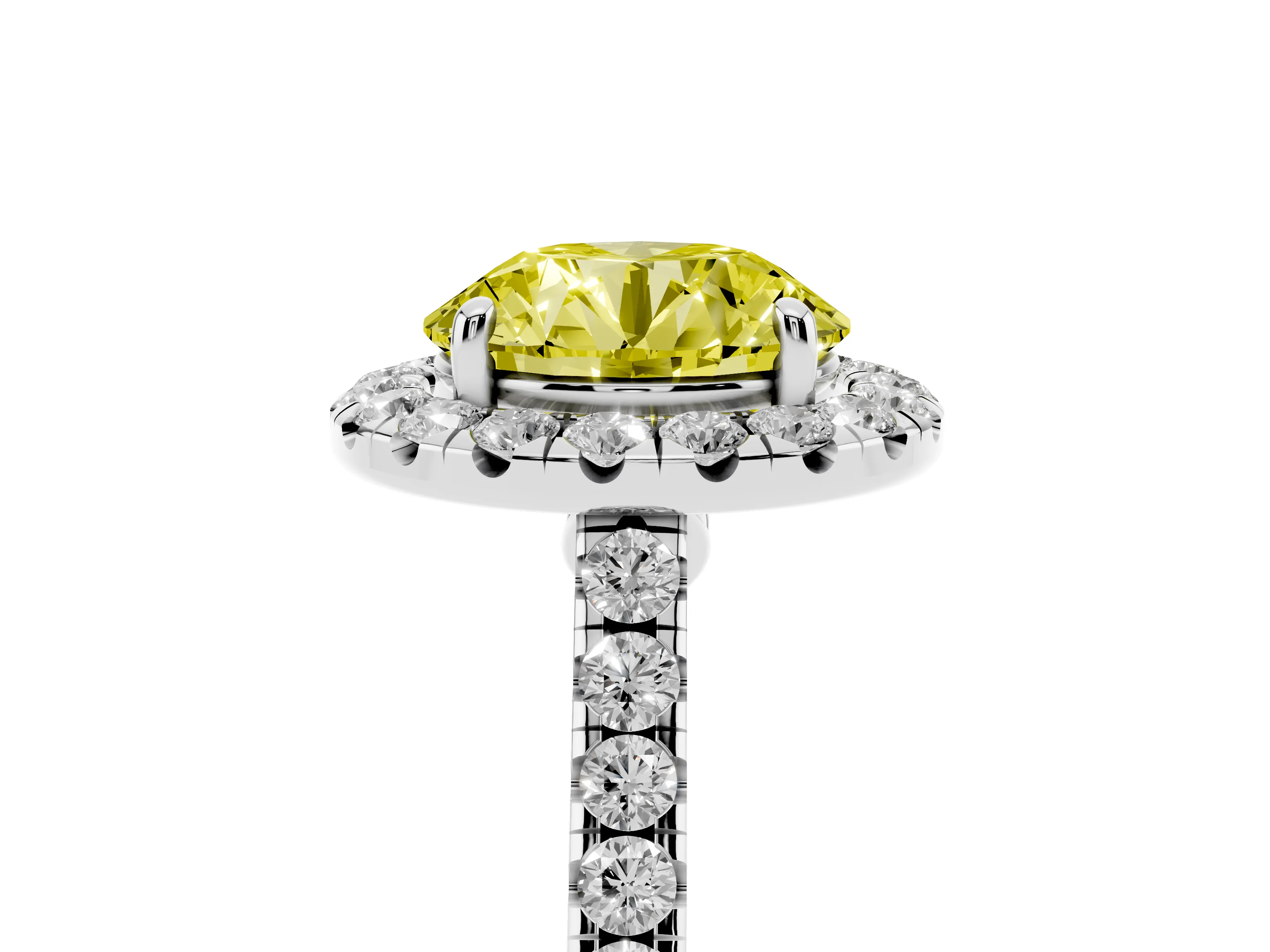 Fancy Yellow Round Cut Diamond Halo Pavé Engagement Ring Set in White gold with Prong Setting
