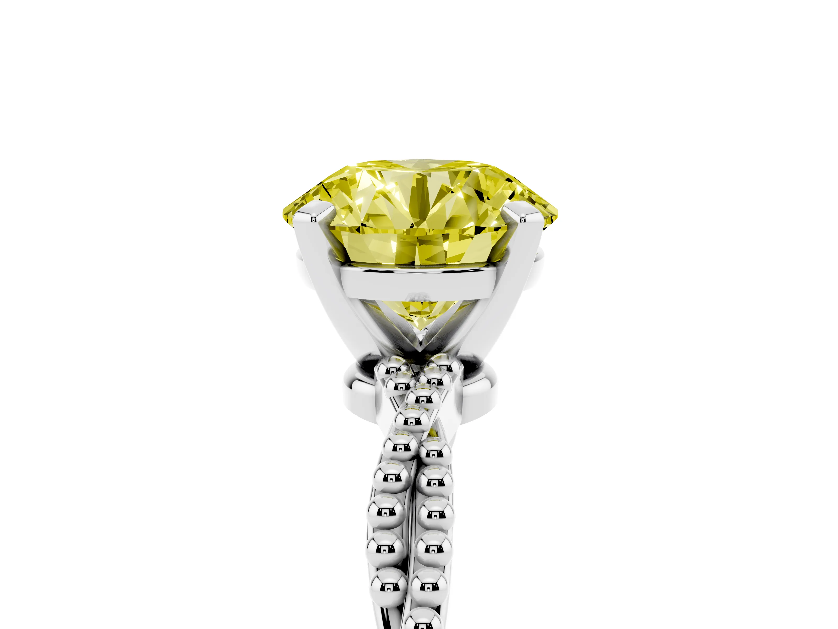 Fancy Yellow Round Cut Diamond Solitaire Ring Set in Silver with Twisted Band and Bead Prong Setting