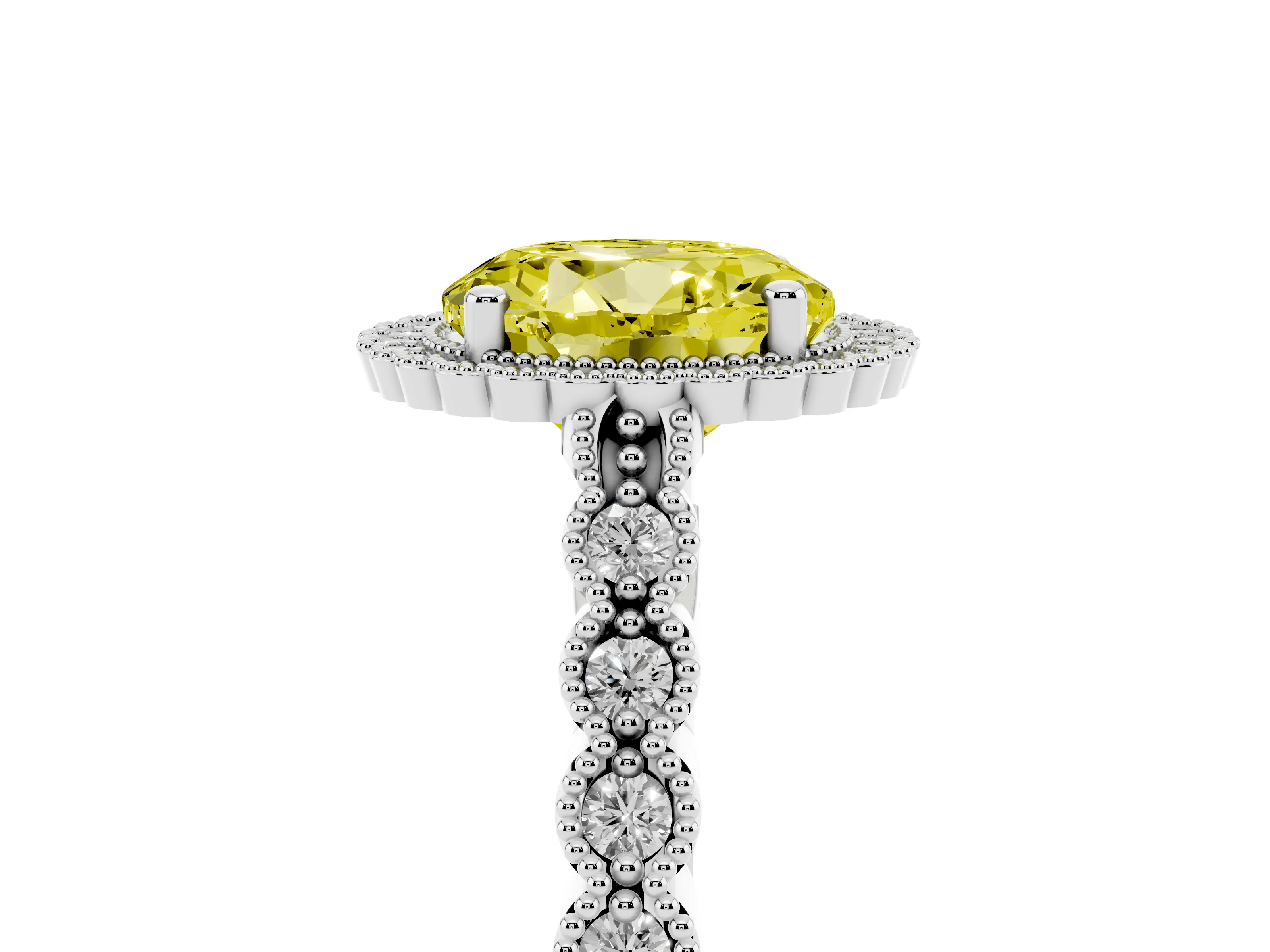 Fancy Yellow Round Cut Diamond Halo Ring Set in Platinum with Pavé Milgrain Band