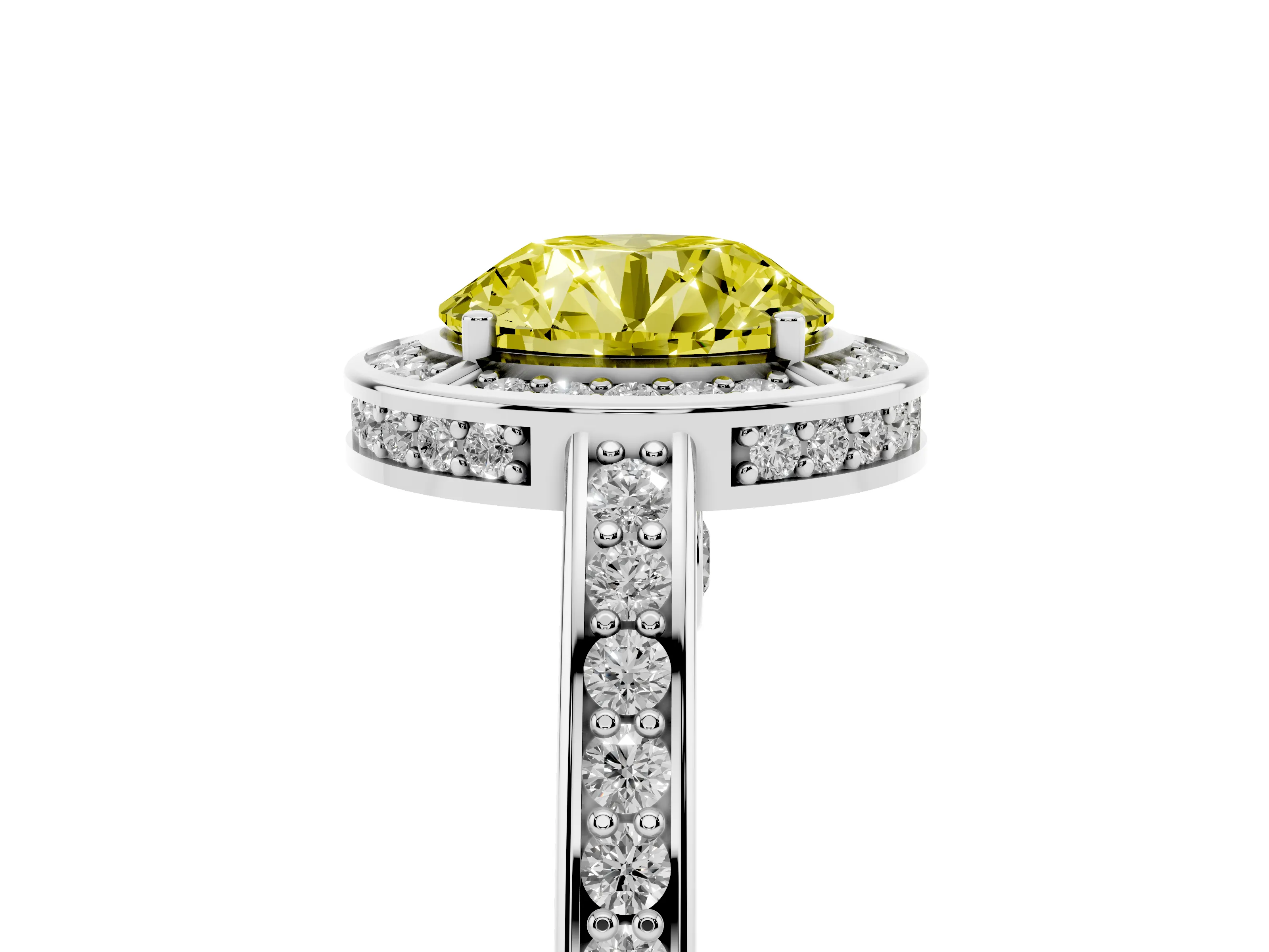 Fancy Yellow Round Cut Diamond Halo Pavé Split Shank Ring Set in White gold with Prong Setting