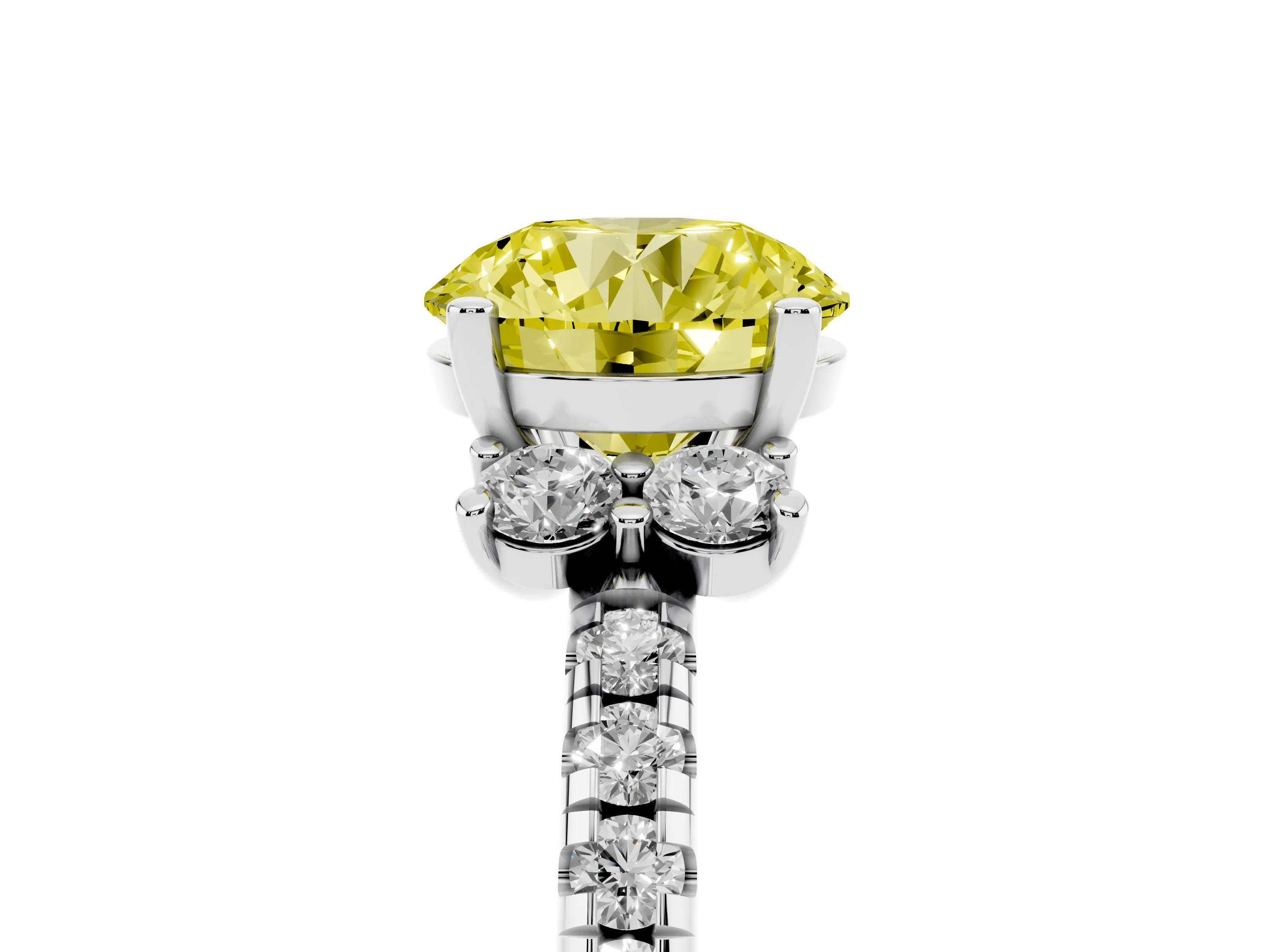 Fancy Yellow Round Cut Diamond Three-Stone Pavé Ring Set in White gold with Prong Setting