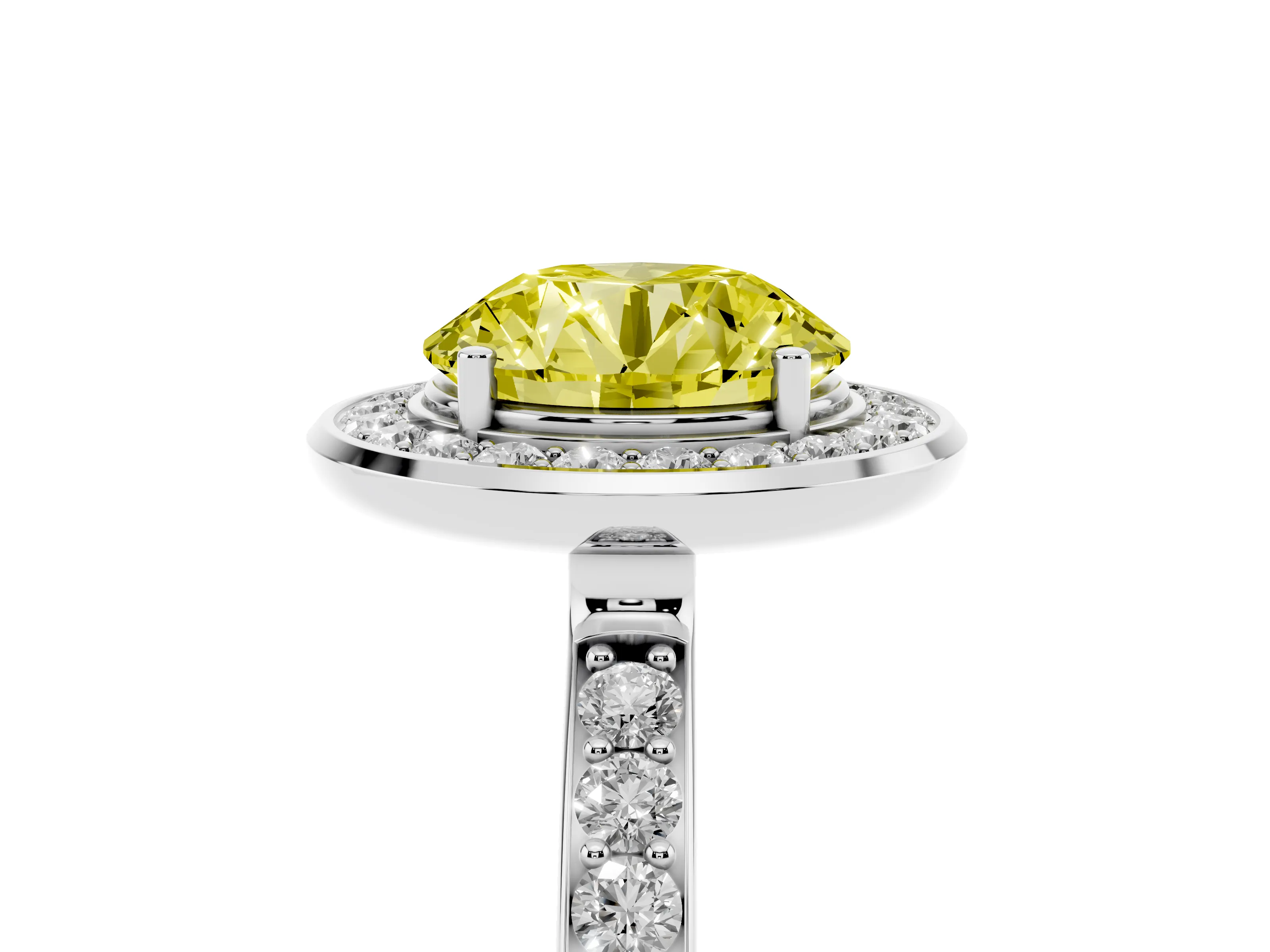 Fancy Yellow Round Cut Diamond Halo Ring Set in Silver with Bezel Frame and Pavé Band