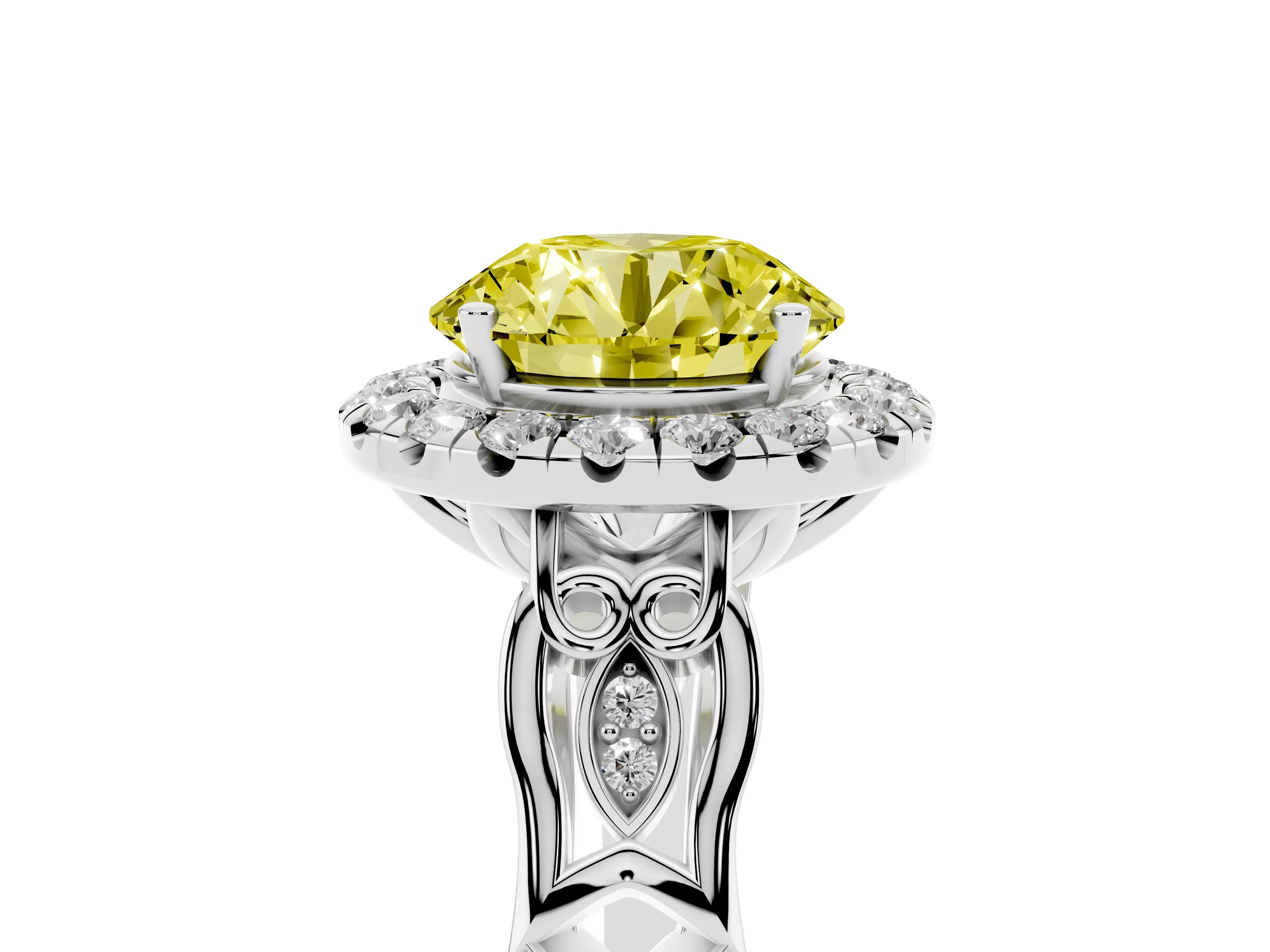 Fancy Yellow Round Cut Diamond Halo Engagement Ring Set in White gold with Filigree Band and Prong-Set Center