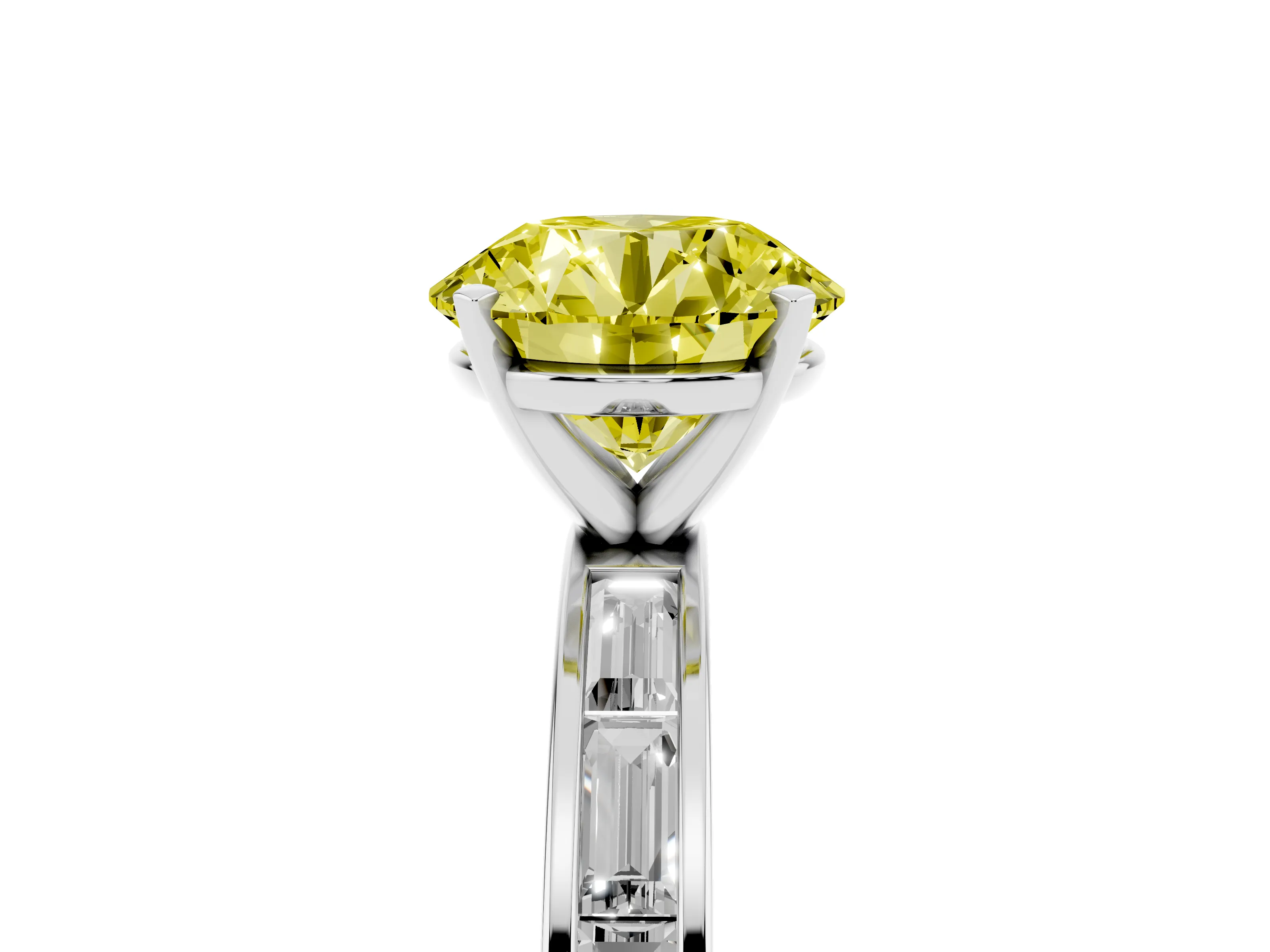 Fancy Yellow Round Cut Diamond Solitaire Ring Set in Platinum with Channel-Set Baguette Band and Prong Setting