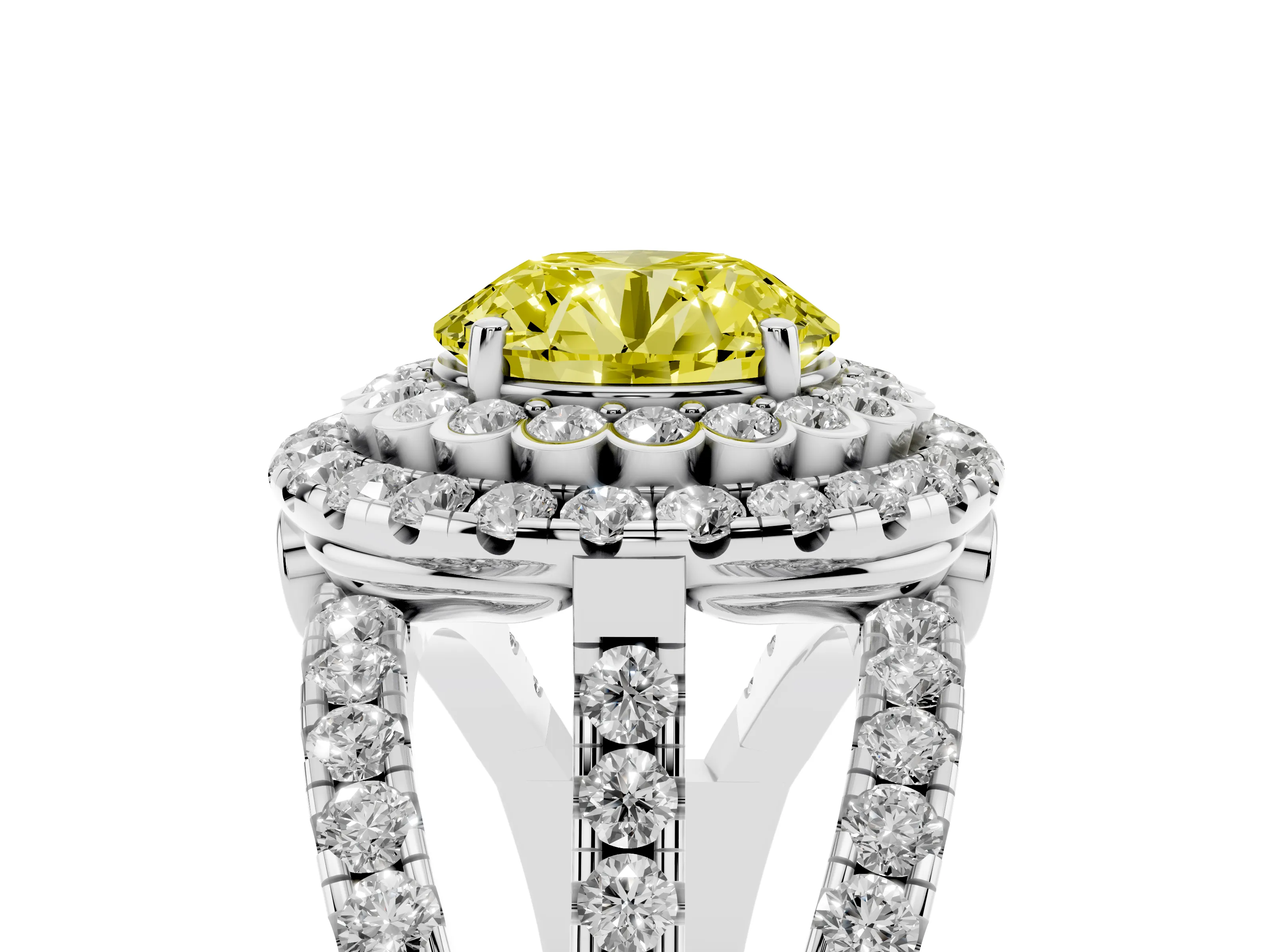 Fancy Yellow Round Cut Diamond Double Halo Ring Set in Silver with Round Pavé Split Shank