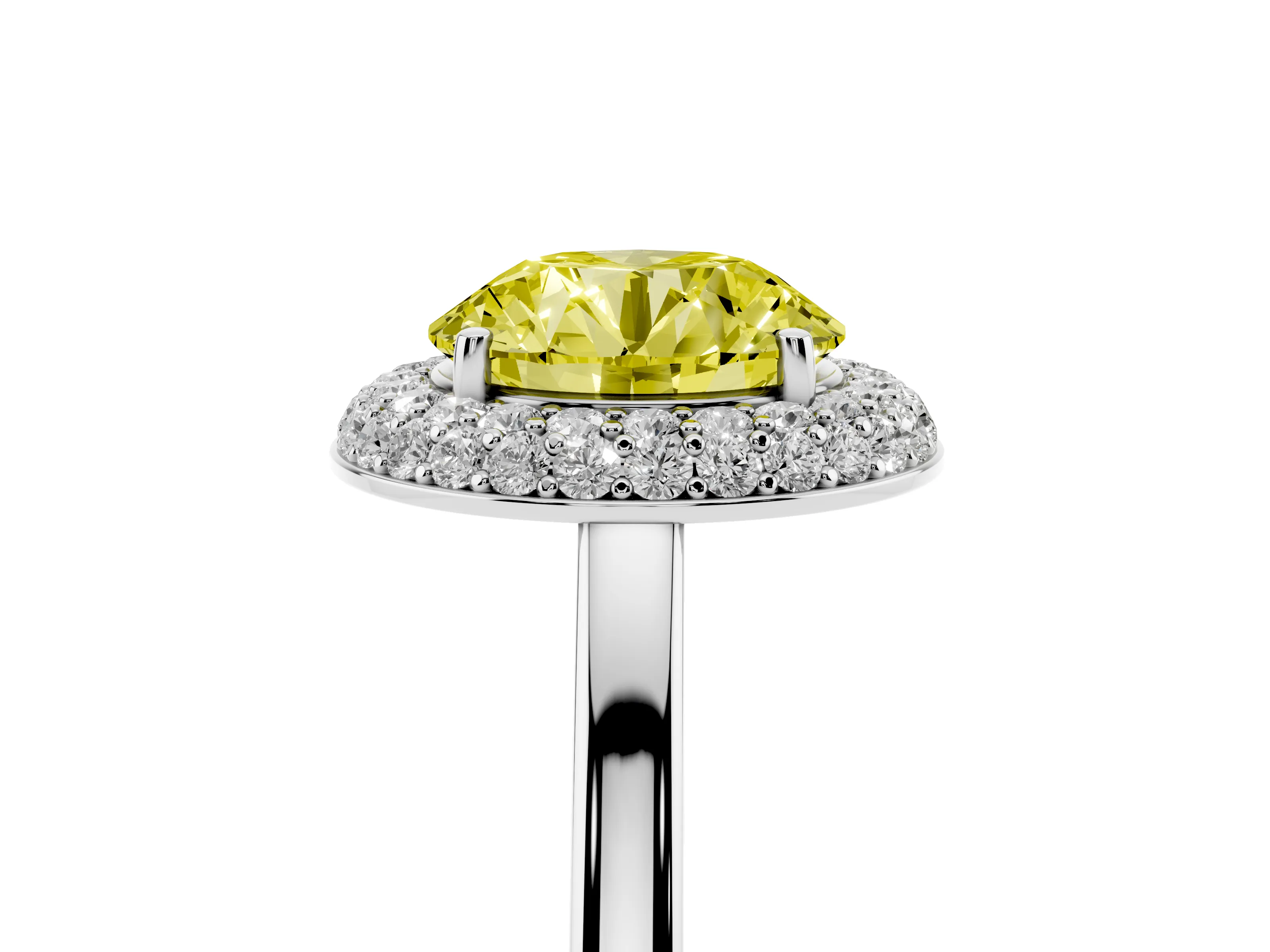 Fancy Yellow Round Cut Diamond Halo Engagement Ring Set in White gold with Solitaire Band and Prong Setting