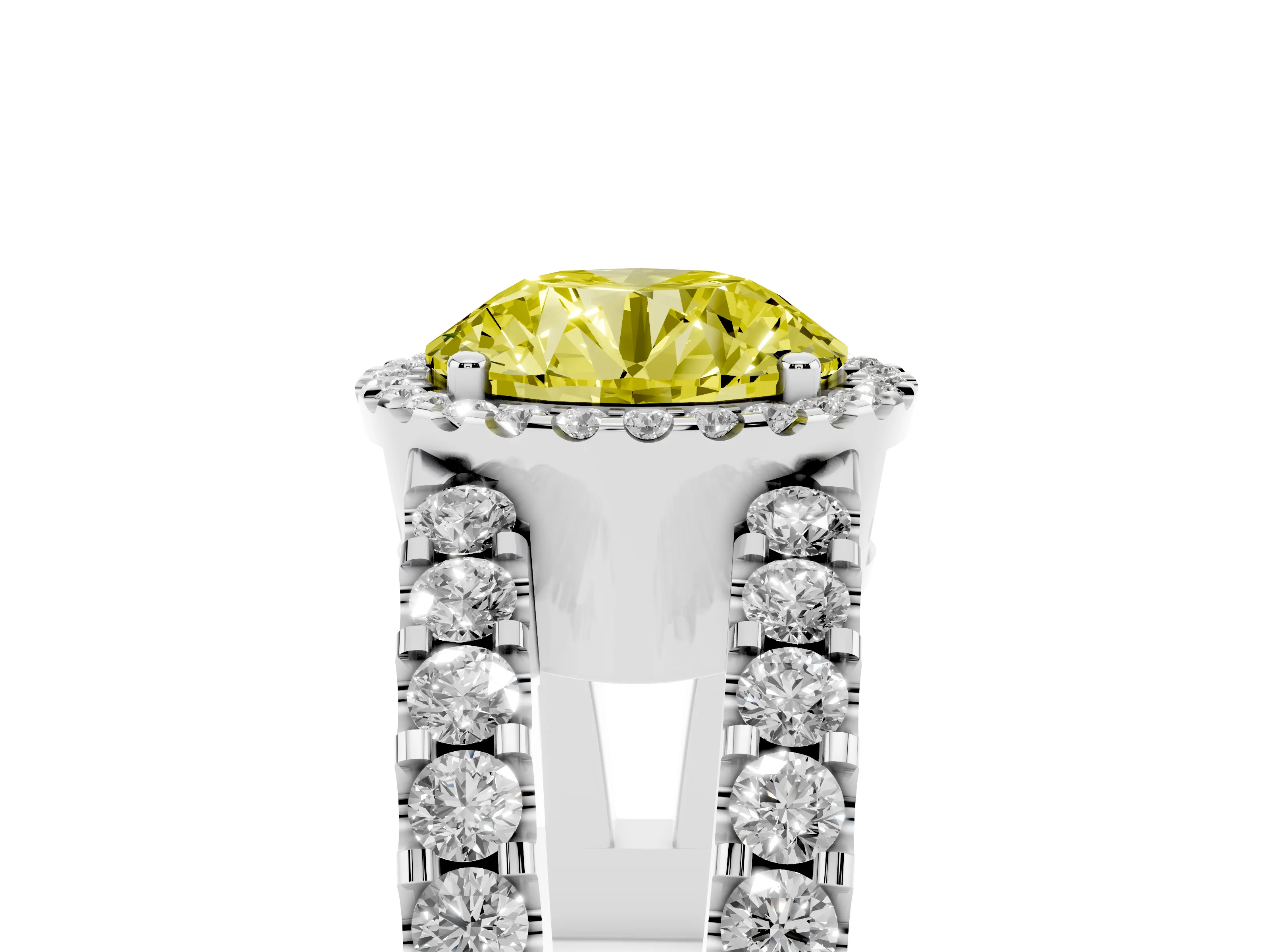 Fancy Yellow Round Cut Diamond Halo Ring Set in Platinum with Pavé Split Shank and Prong Setting
