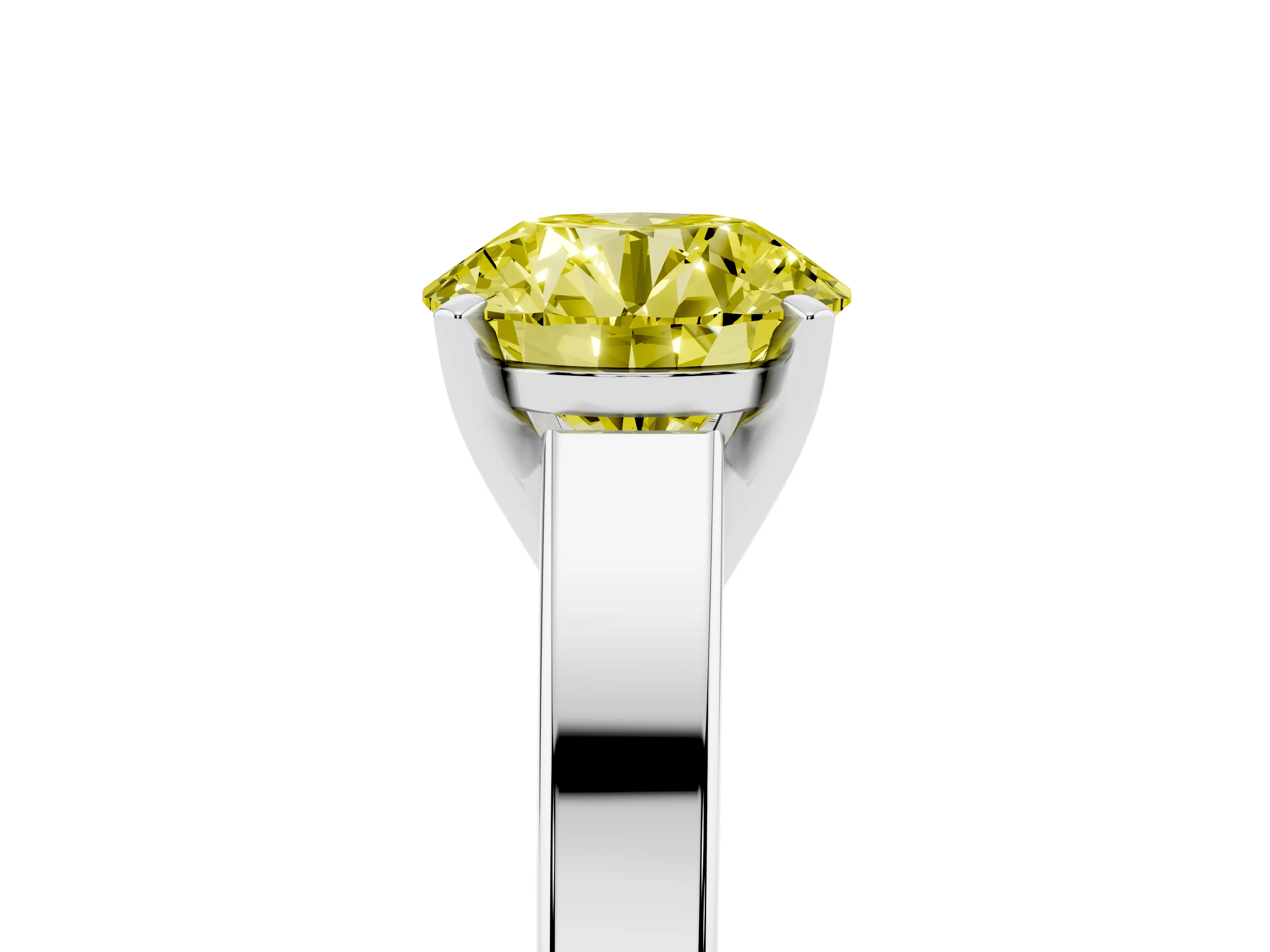 Fancy Yellow Round Cut Diamond Solitaire Engagement Ring Set in White gold with Prong Setting and Tapered Band