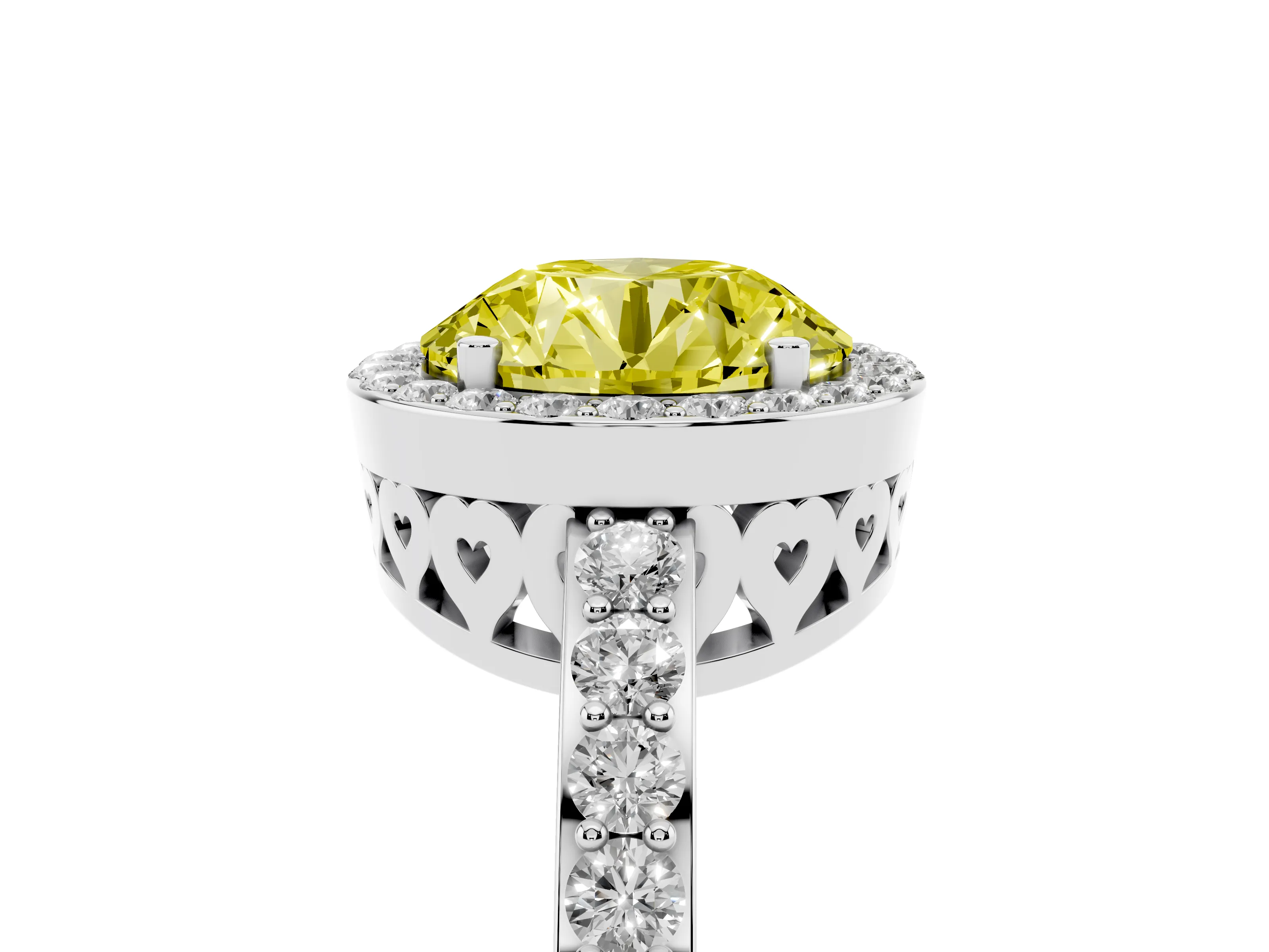Fancy Yellow Round Cut Diamond Halo Ring Set in White gold with Pavé-Setting Band and Open Prong Center