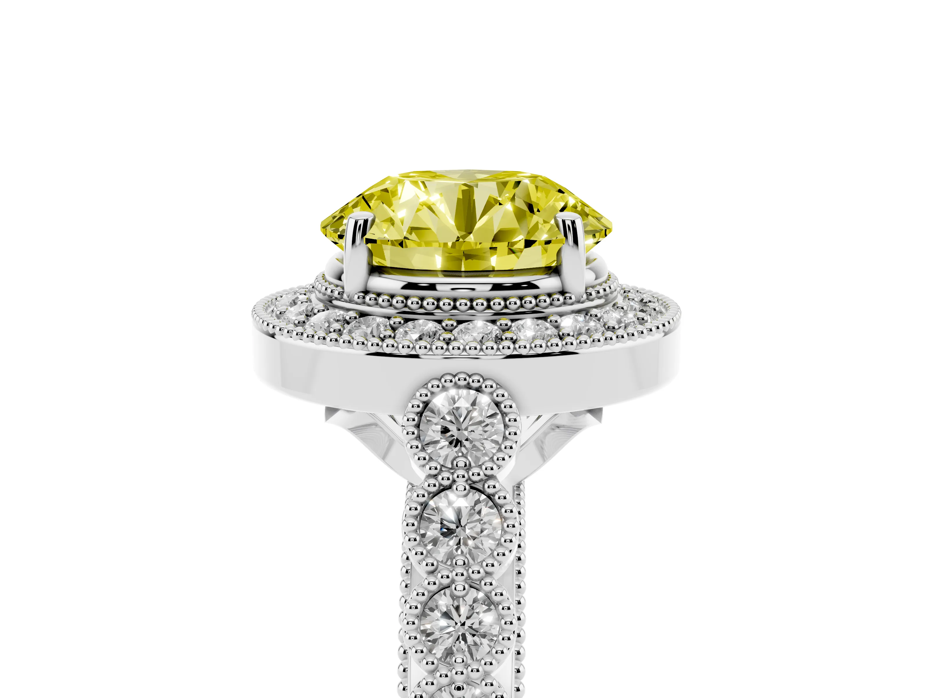 Fancy Yellow Round Cut Diamond Milgrain Halo Solitaire Ring Set in Silver with Bezel Set Side Stones and Pavé Band