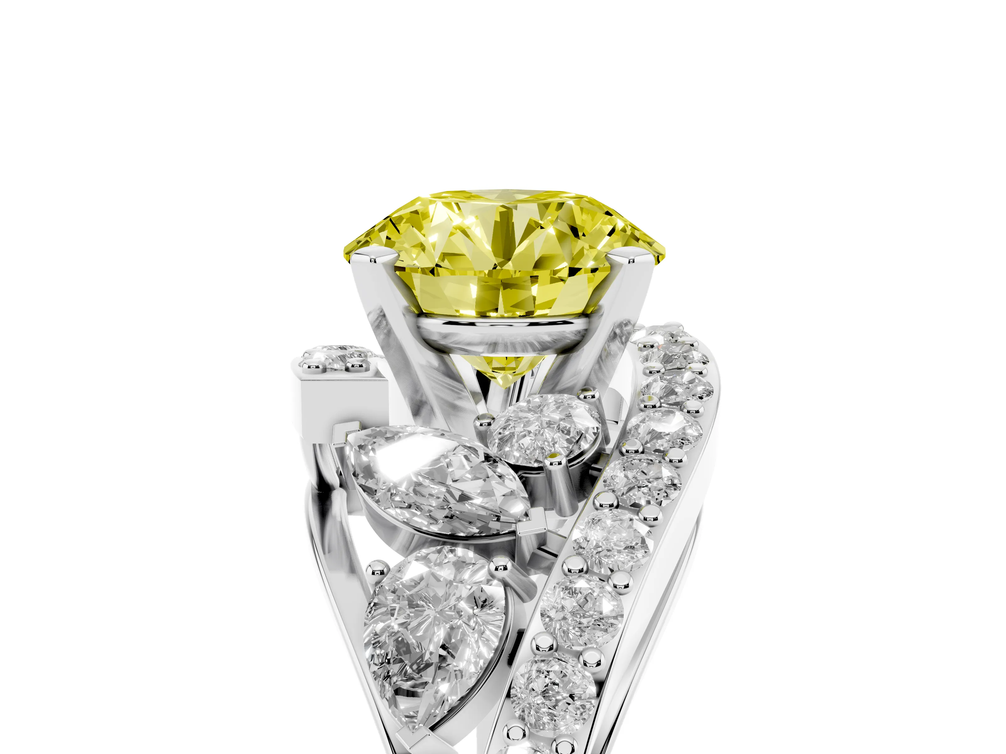 Fancy Yellow Round Cut Diamond Halo Ring Set in Silver with Marquise and Pavé Band in Prong Setting