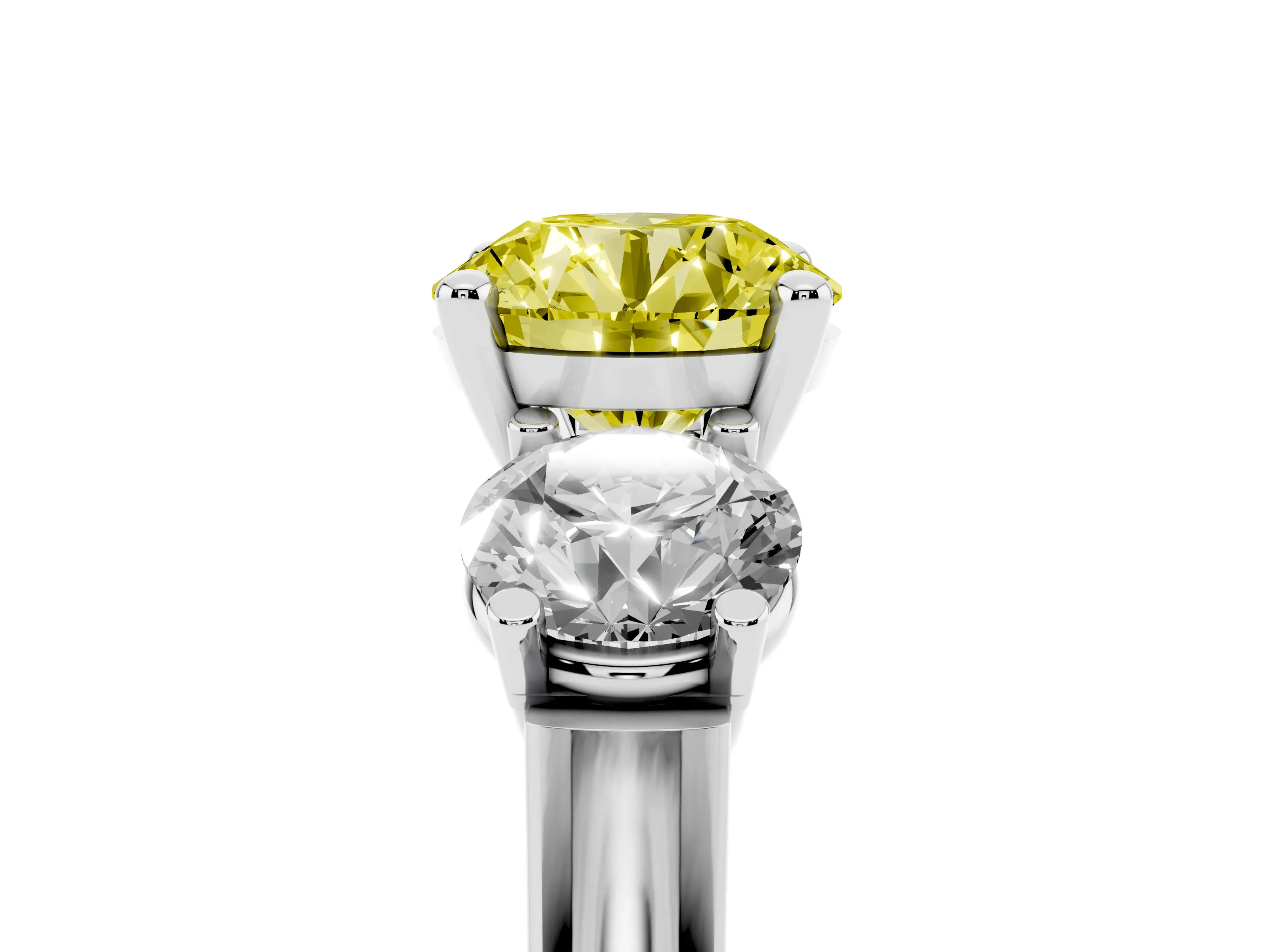 Fancy Yellow Round Cut Diamond Three-Stone Trellis Ring Set in Platinum with Comfort Fit Band