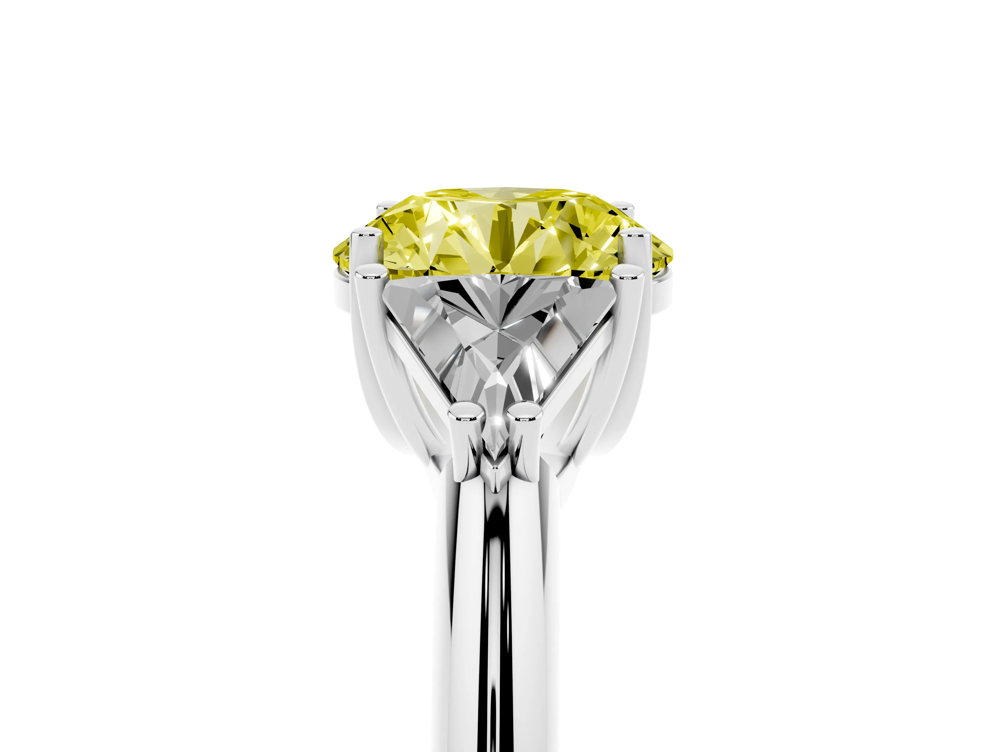 Fancy Yellow Round Cut Diamond Three-Stone Engagement Ring Set in White gold with Trillion Side Stones