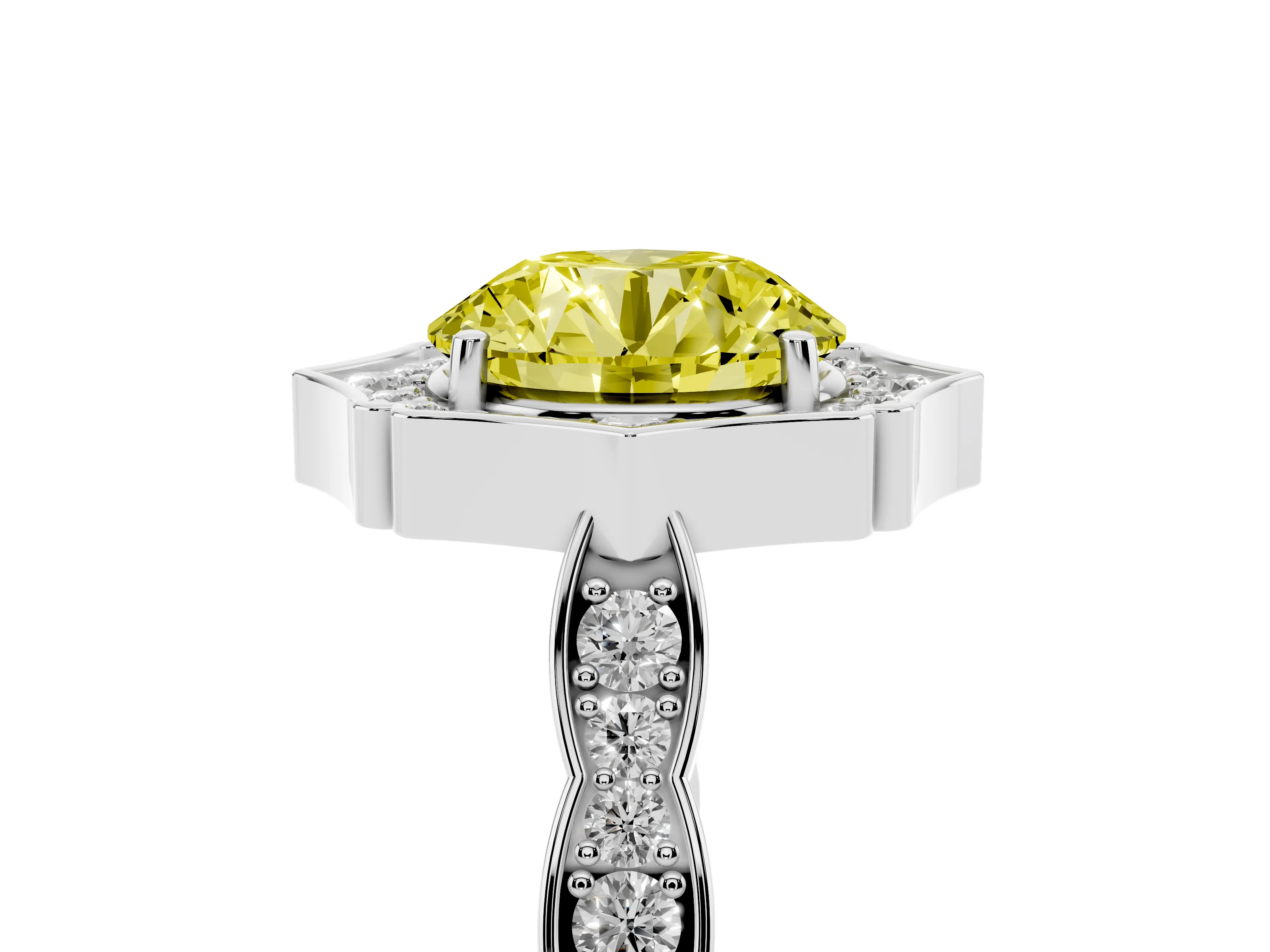 Fancy Yellow Round Cut Diamond Halo Engagement Ring Set in White gold with Milgrain Band and Prong Setting