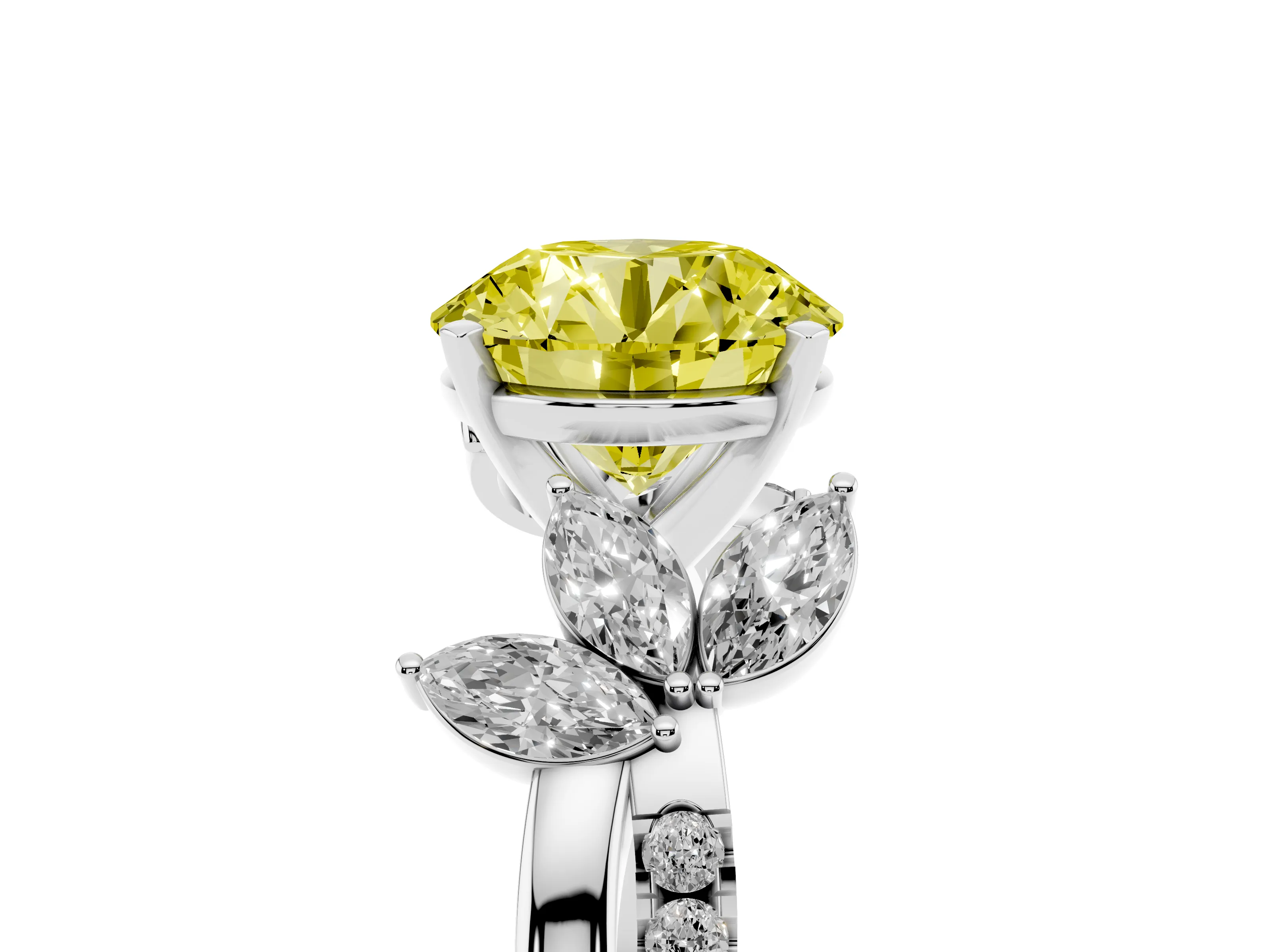 Fancy Yellow Round Cut Diamond Floral Vine Solitaire Engagement Ring Set in White gold with Marquise Leaves