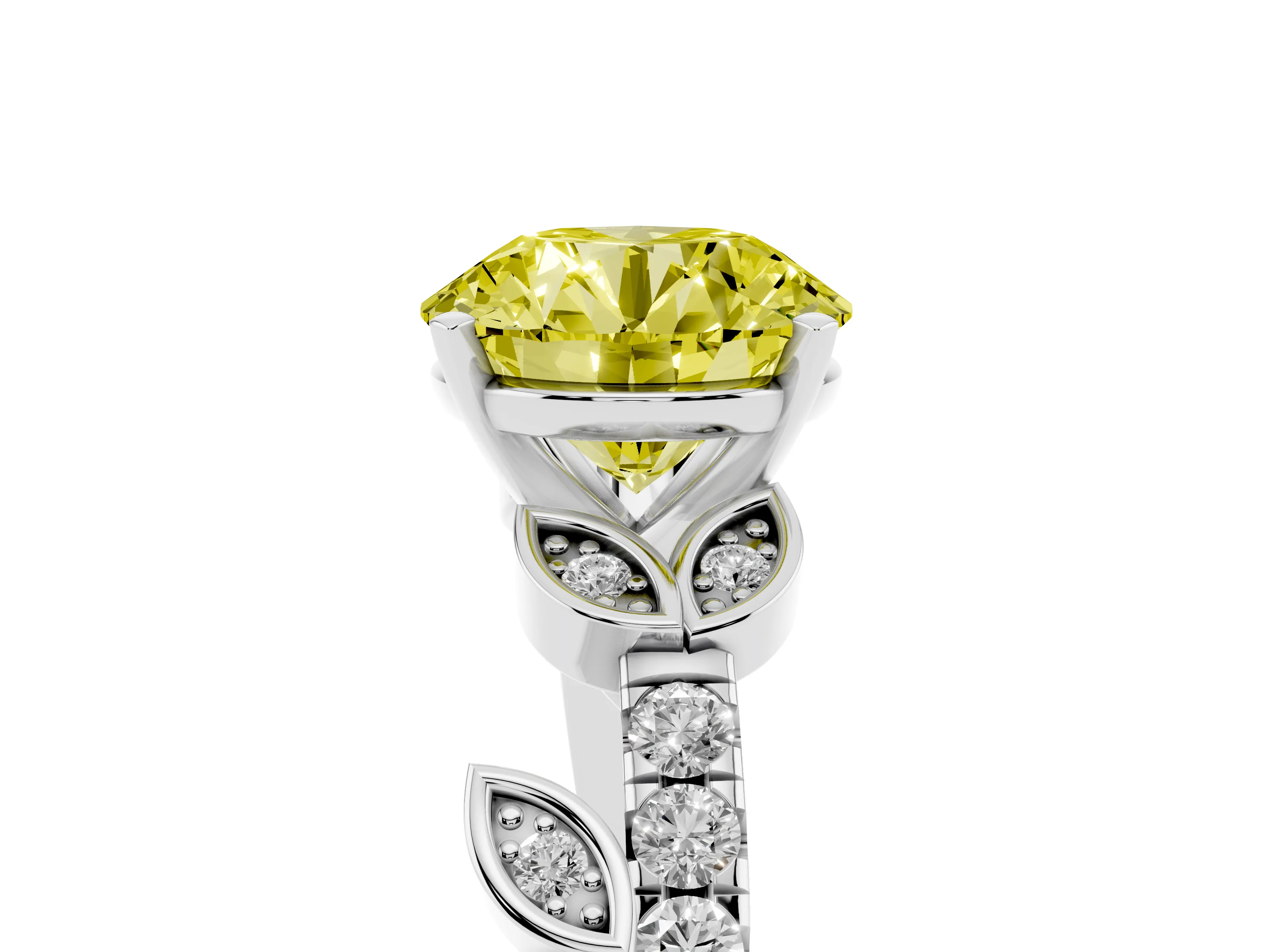 Fancy Yellow Round Cut Diamond Solitaire Leaf-Inspired Ring Set in Platinum with Pavé Band and Prong Setting