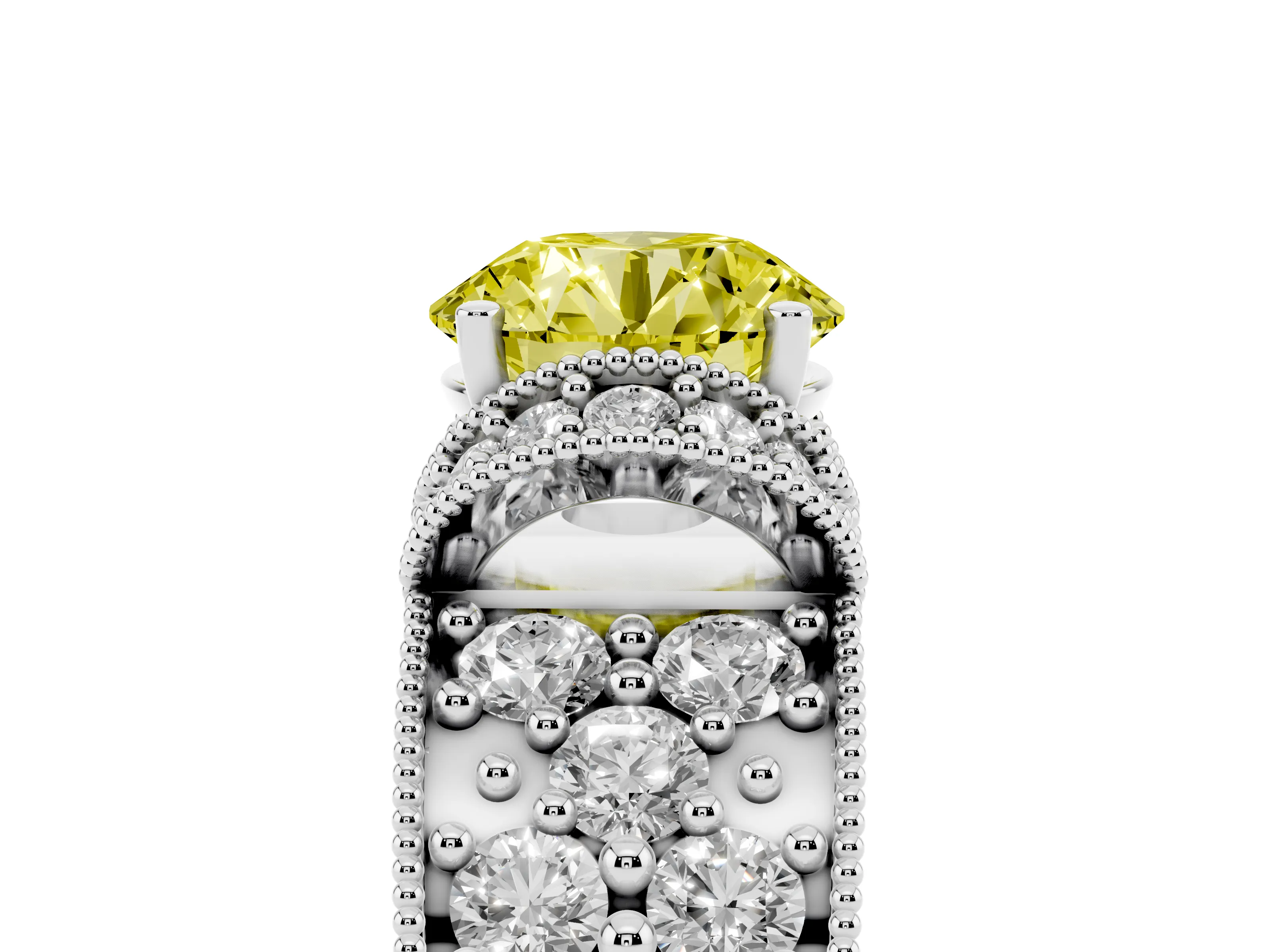 Fancy Yellow Round Cut Diamond Milgrain Halo Pavé Engagement Ring Set in Silver with Prong Setting