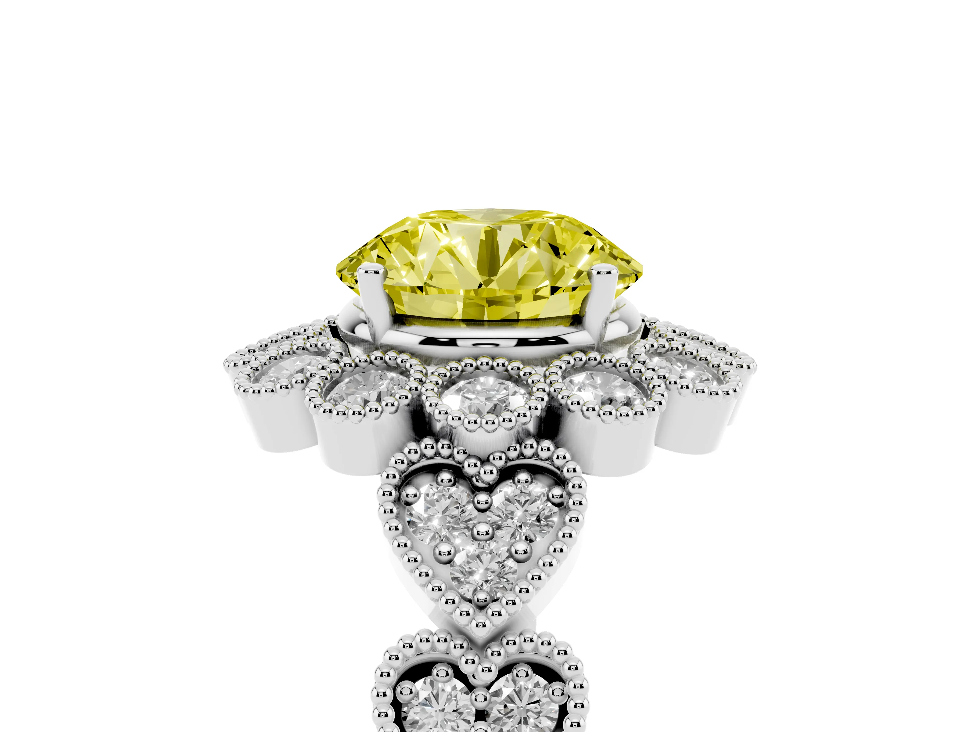 Fancy Yellow Round Cut Diamond Solitaire Ring Set in White gold with Milgrain Pavé Heart Band