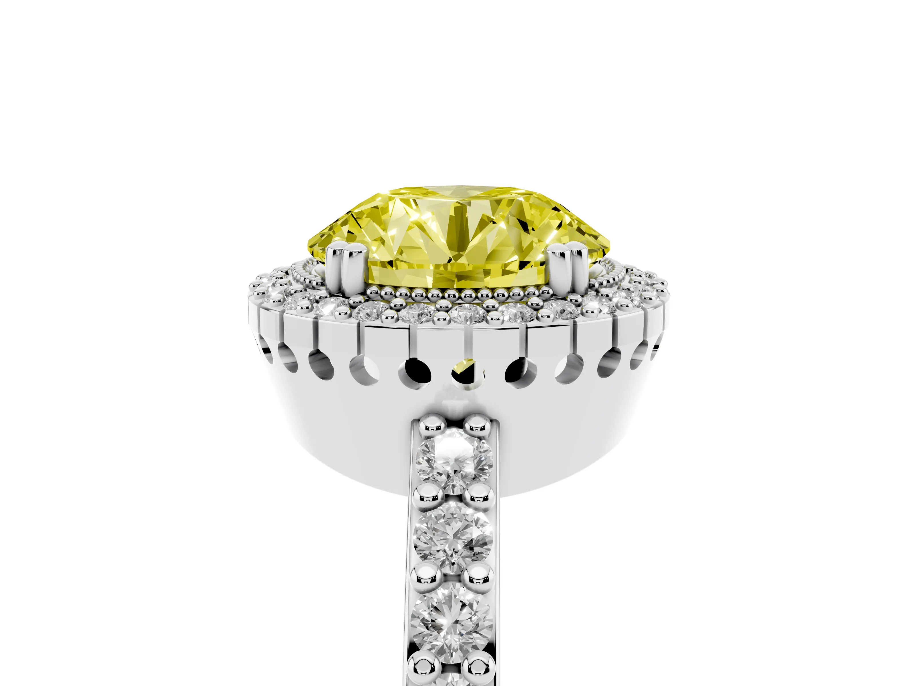Fancy Yellow Round Cut Diamond Halo Engagement Ring Set in White gold with Milgrain Detail and Pavé Band