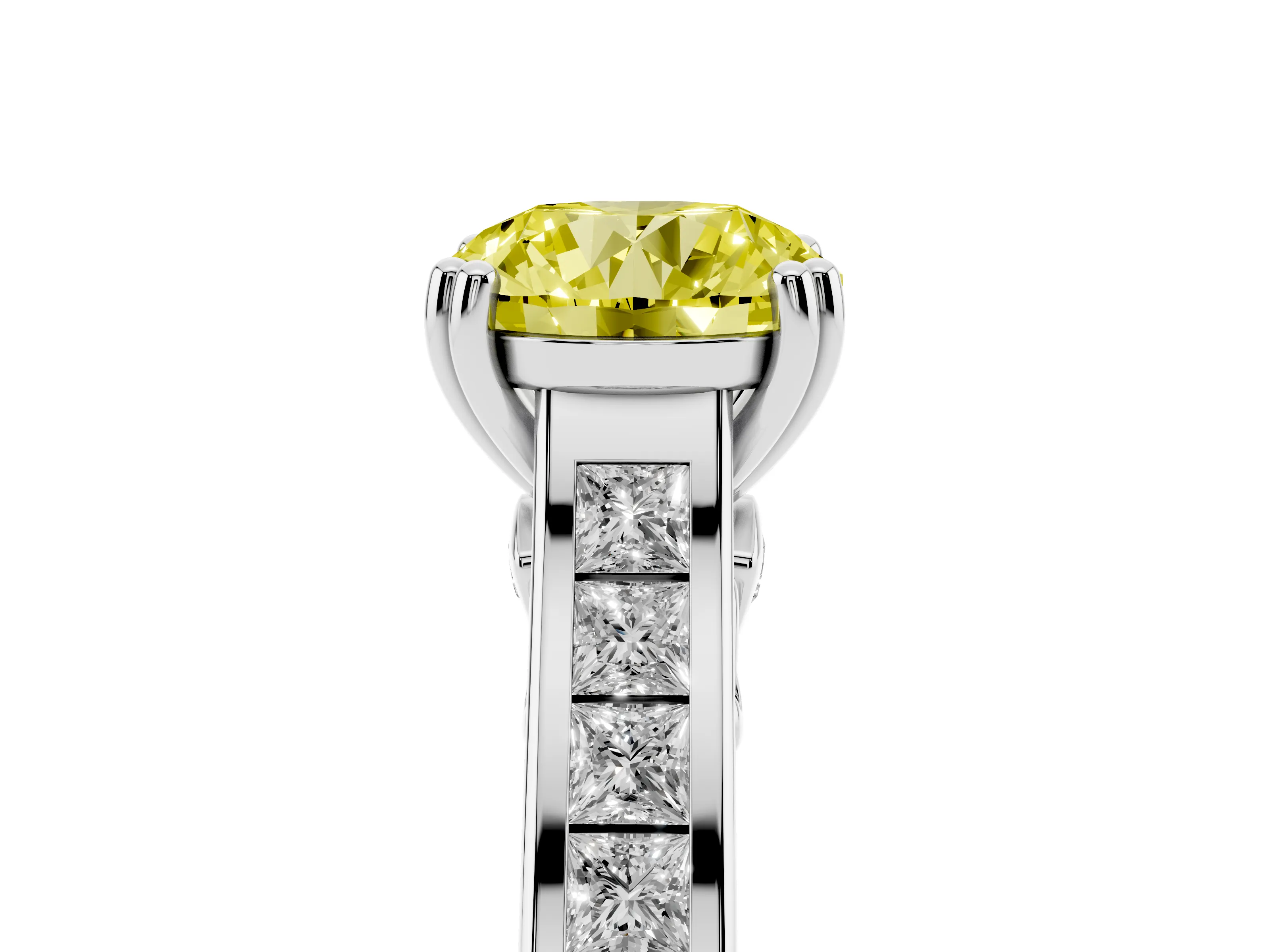 Fancy Yellow Round Cut Diamond Channel Set Solitaire Engagement Ring Set in Platinum with Prong Setting