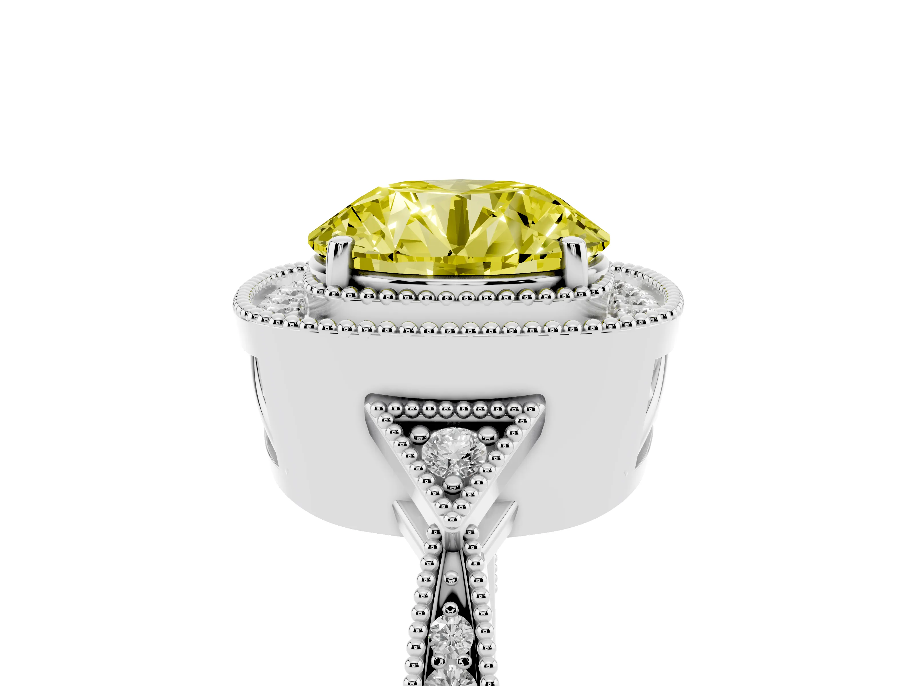 Fancy Yellow Round Cut Diamond Halo Engagement Ring Set in Platinum with Milgrain Pavé Band