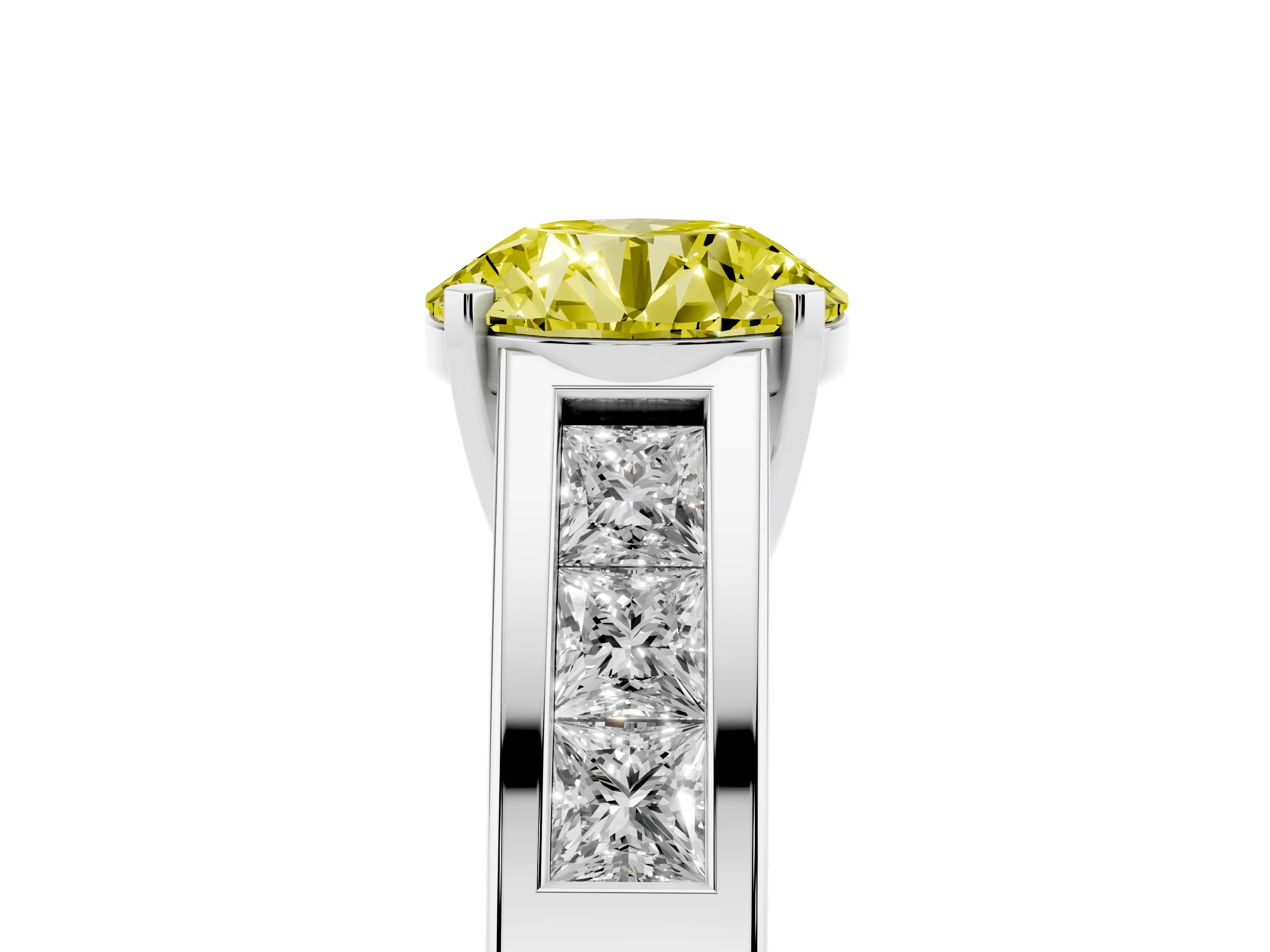 Fancy Yellow Round Cut Diamond Solitaire Ring Set in Silver with Channel-Set Accent Stones and Prong Setting