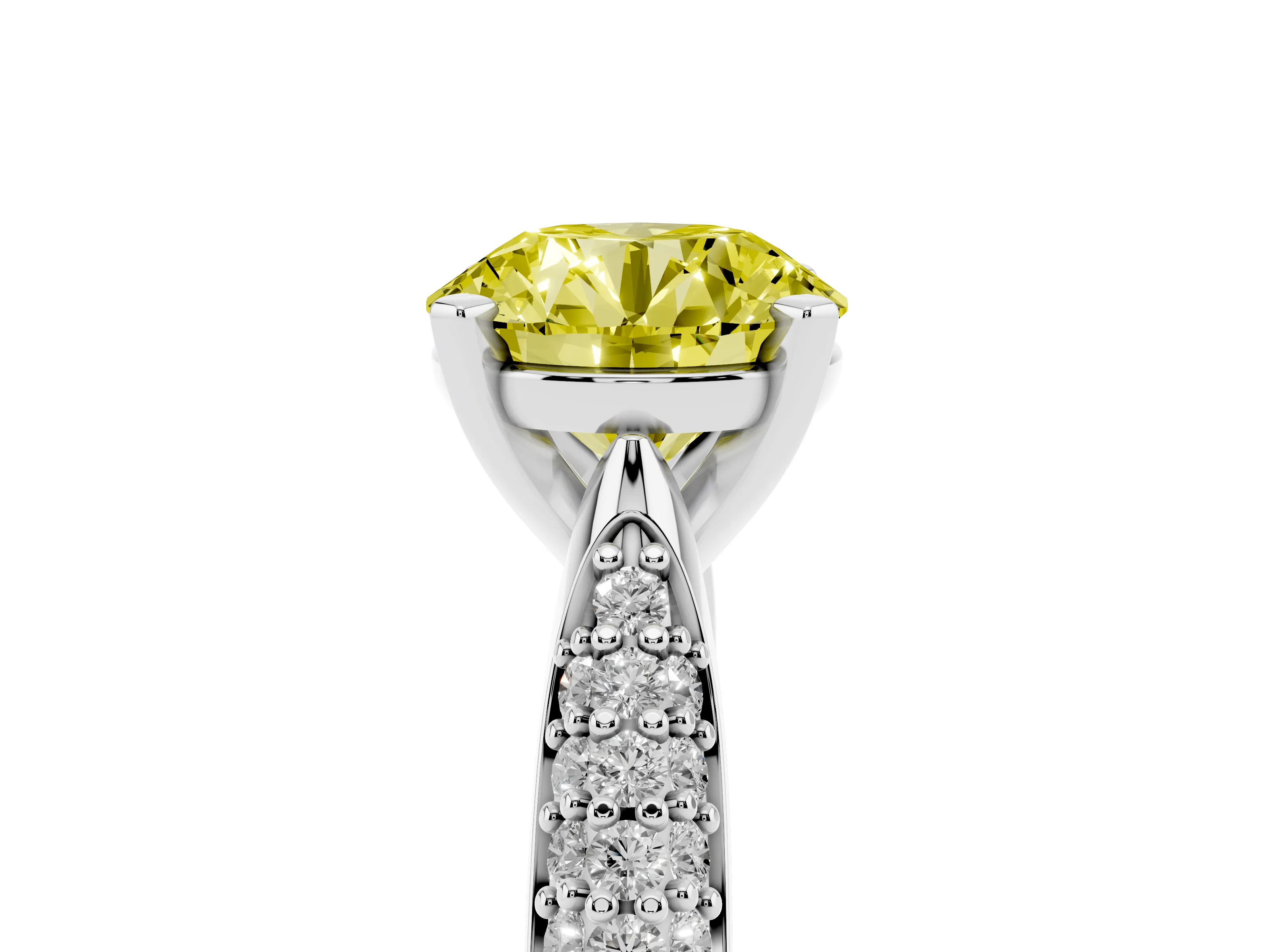 Fancy Yellow Round Cut Diamond Solitaire Engagement Ring Set in Platinum with Multi-Row Round Pavé Band and Prong Setting