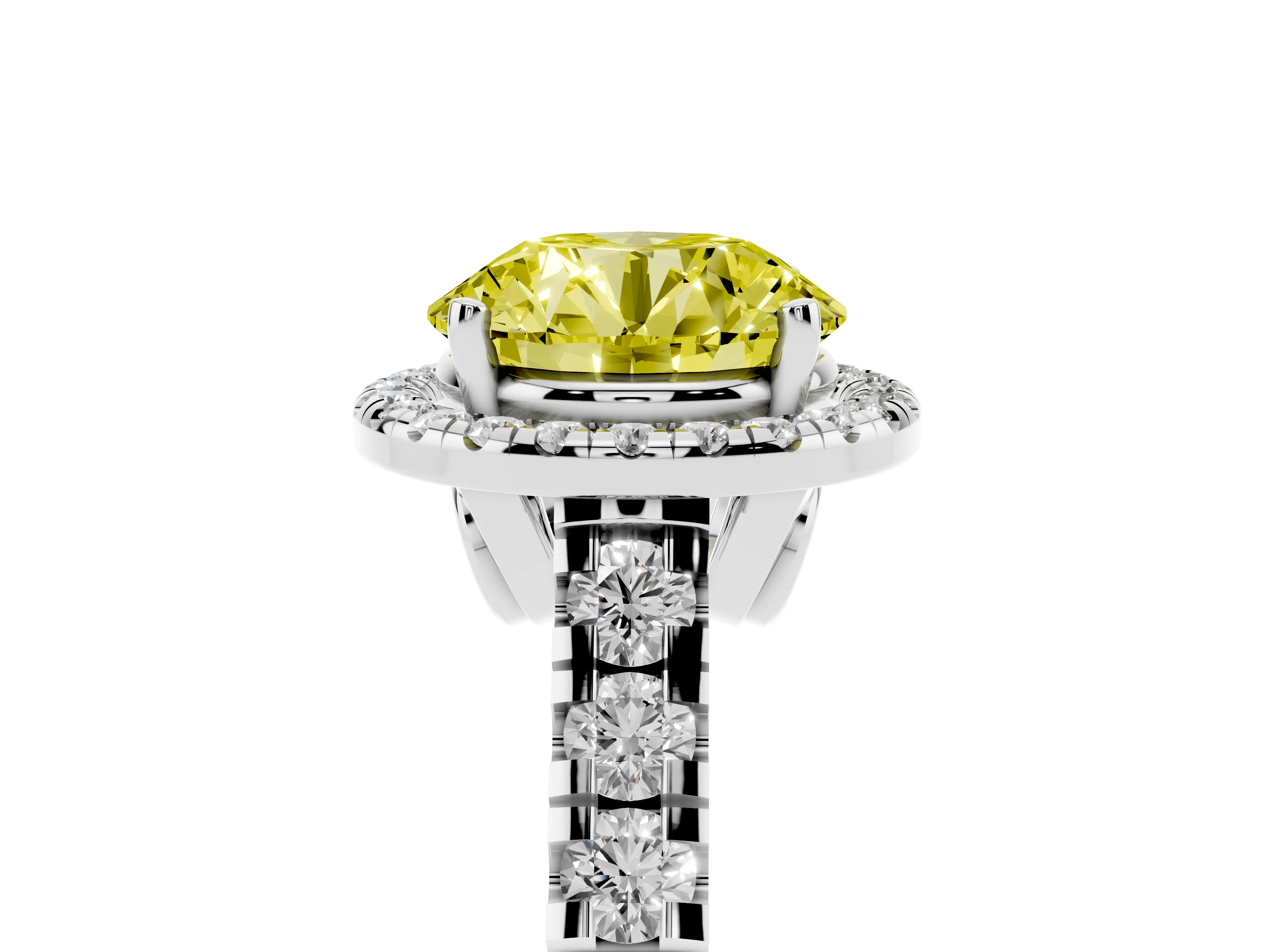 Fancy Yellow Round Cut Diamond Halo Engagement Ring Set in Platinum with Pavé Band and Prong-Set Center