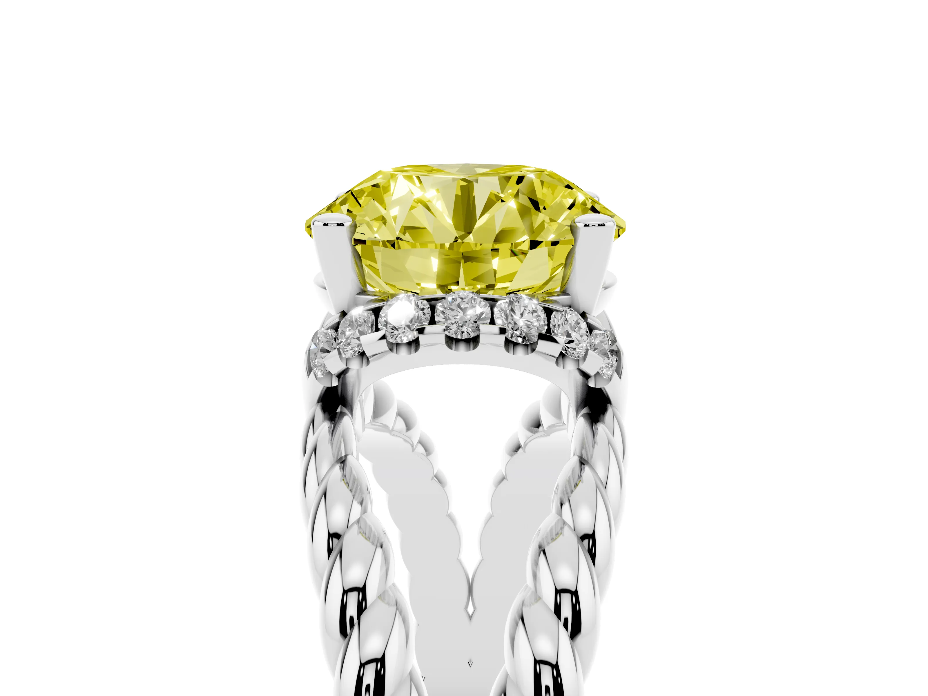 Fancy Yellow Round Cut Diamond Halo Ring Set in White gold with Twisted Band and Prong Setting
