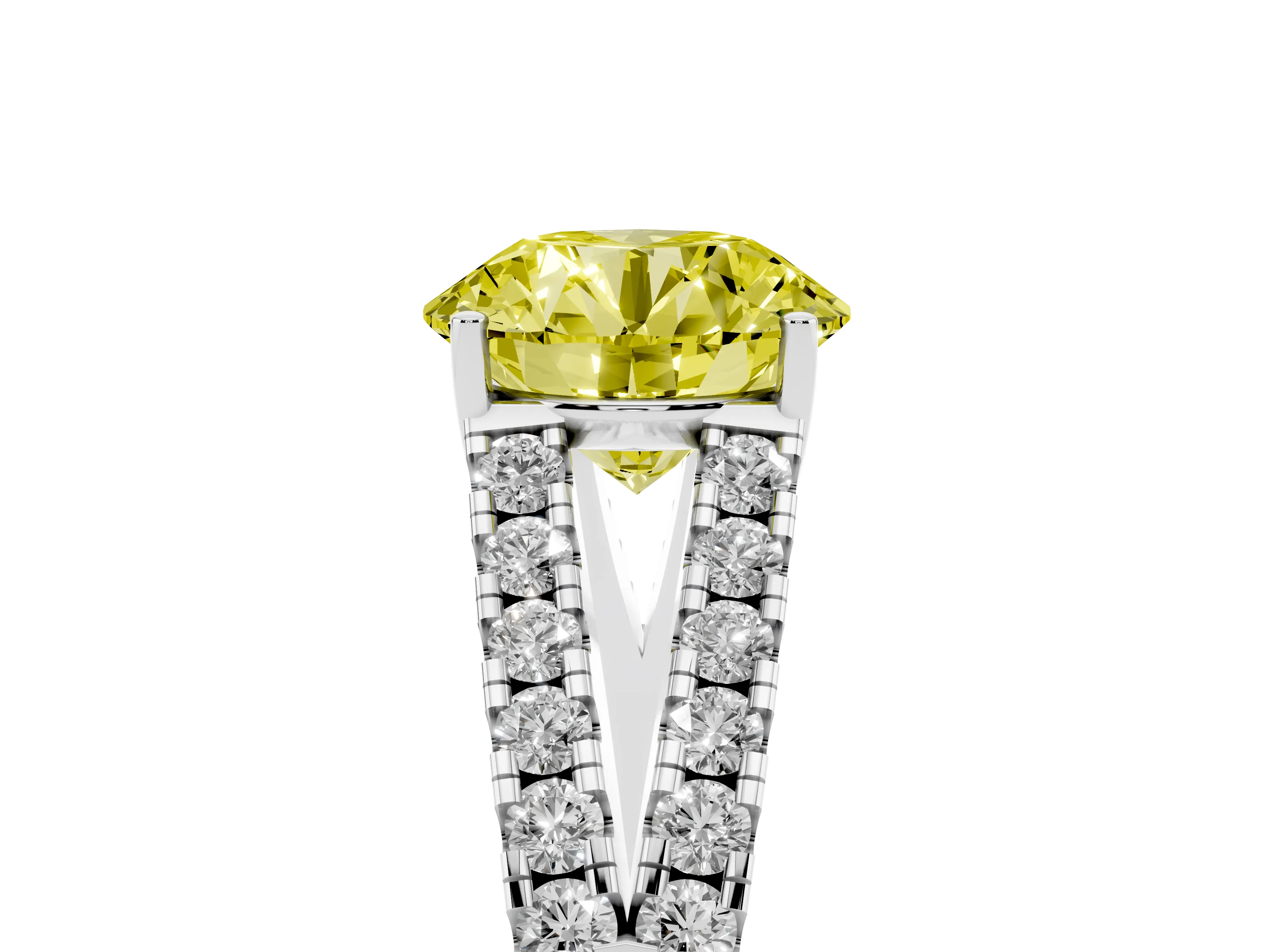 Fancy Yellow Round Cut Diamond Split Shank Pavé Engagement Ring Set in Silver with Prong-Held Center Stone