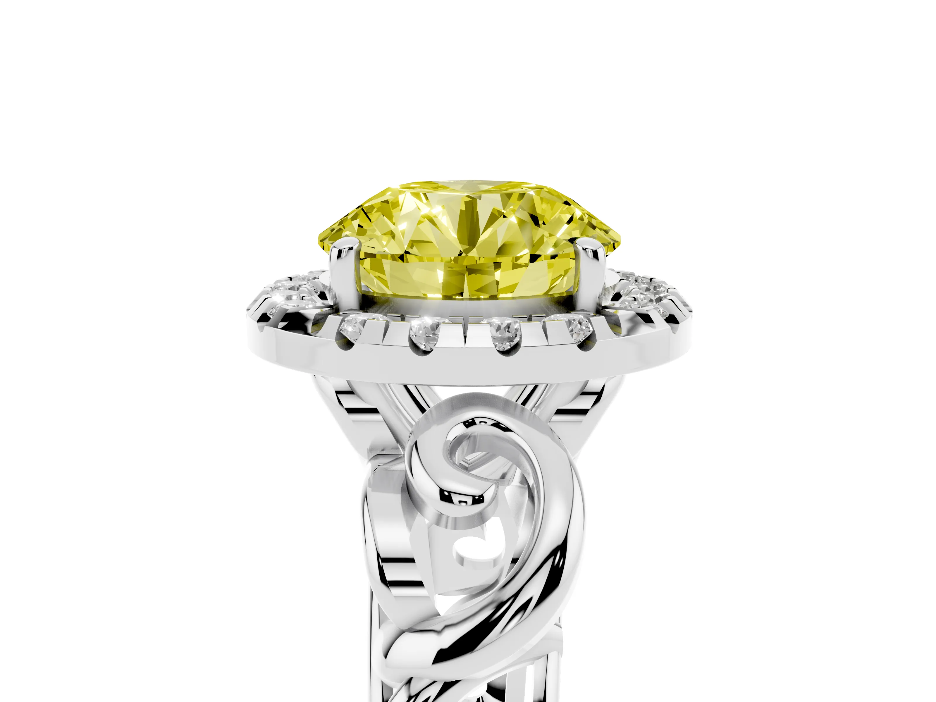 Fancy Yellow Round Cut Diamond Halo Ring Set in Platinum with Scrollwork Band and Prong Setting