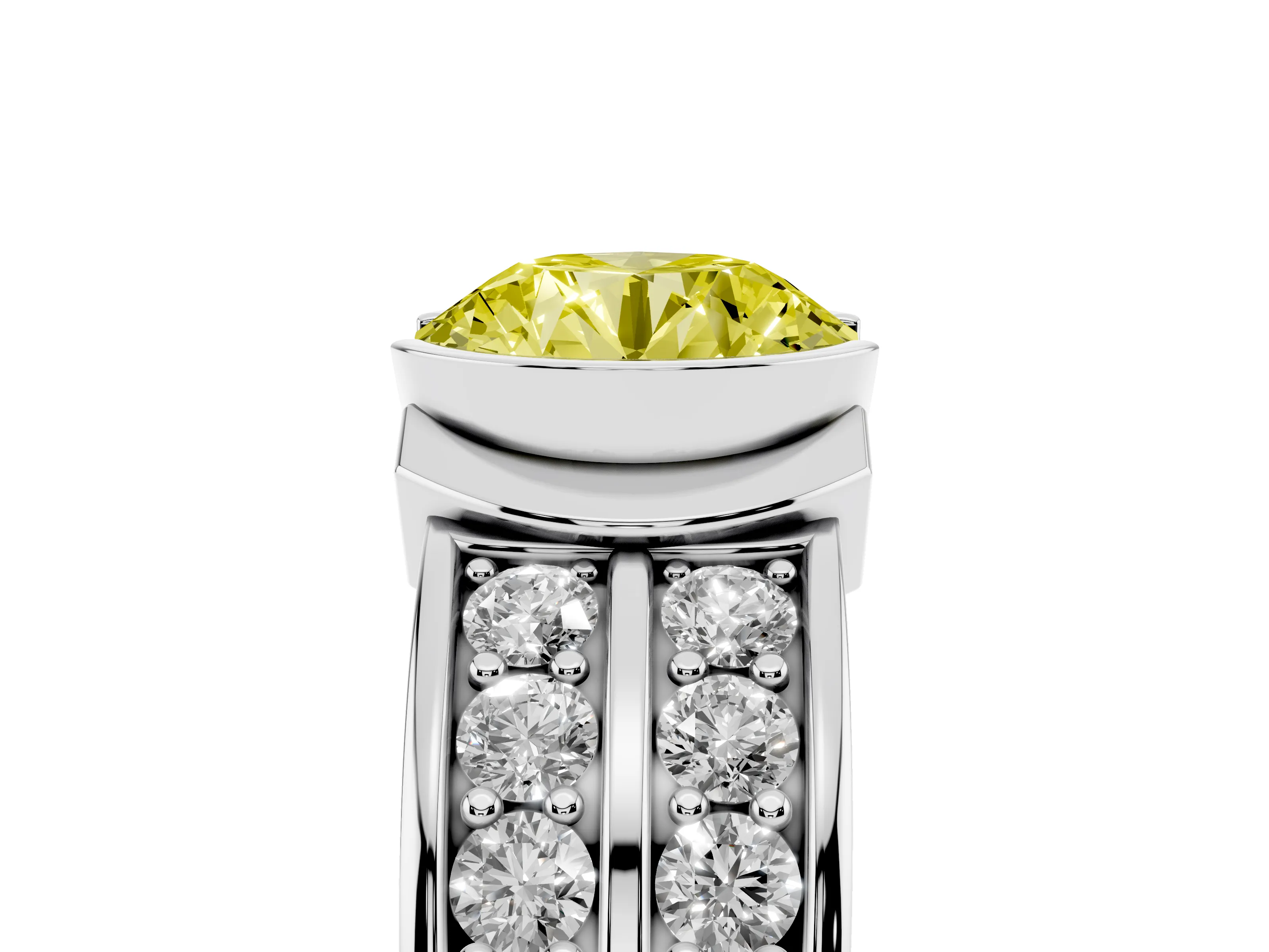 Fancy Yellow Round Cut Diamond Wide Channel Set Band Ring Set in Platinum with Bezel Setting