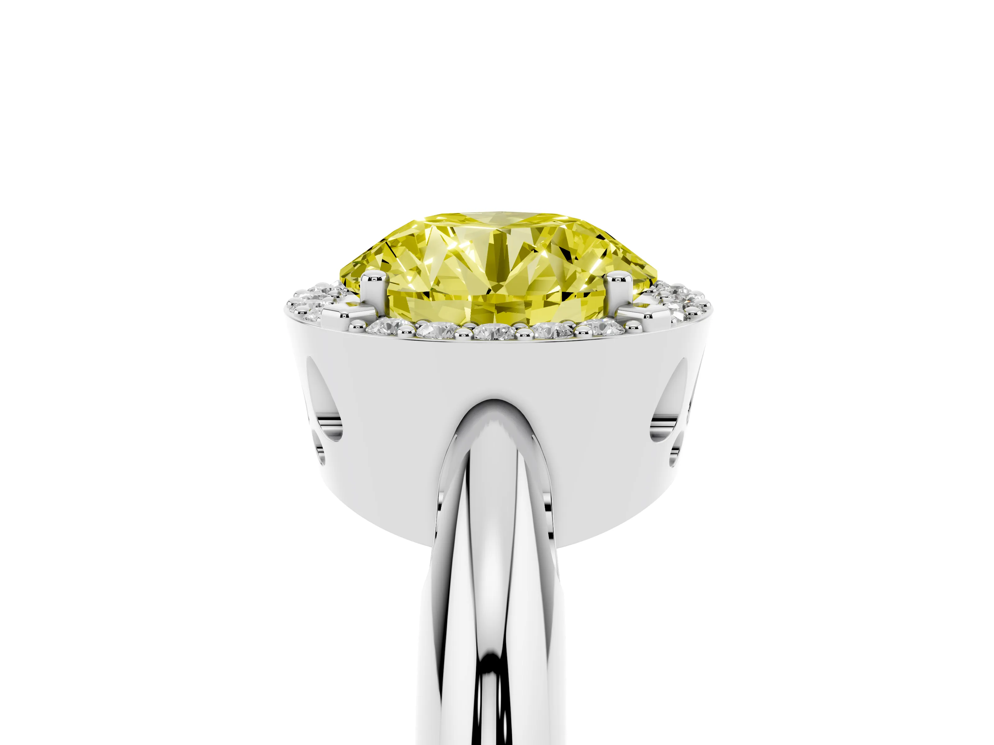Fancy Yellow Round Cut Diamond Halo Engagement Ring Set in White gold with Plain Split Shank and Prong Setting