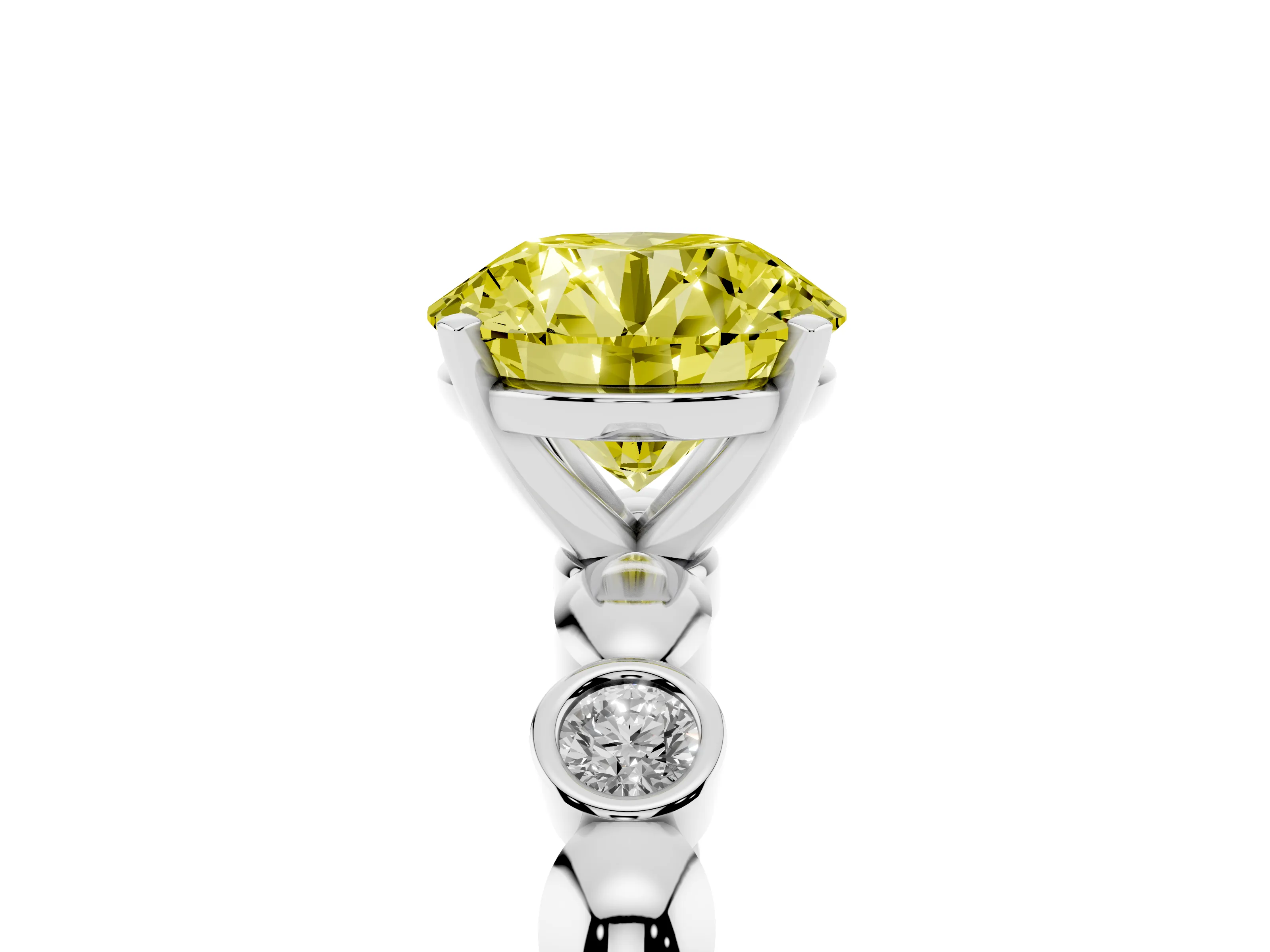 Fancy Yellow Round Cut Diamond Solitaire Ring Set in Silver with Bezel-Set Accents on Beaded Band and Prong Setting