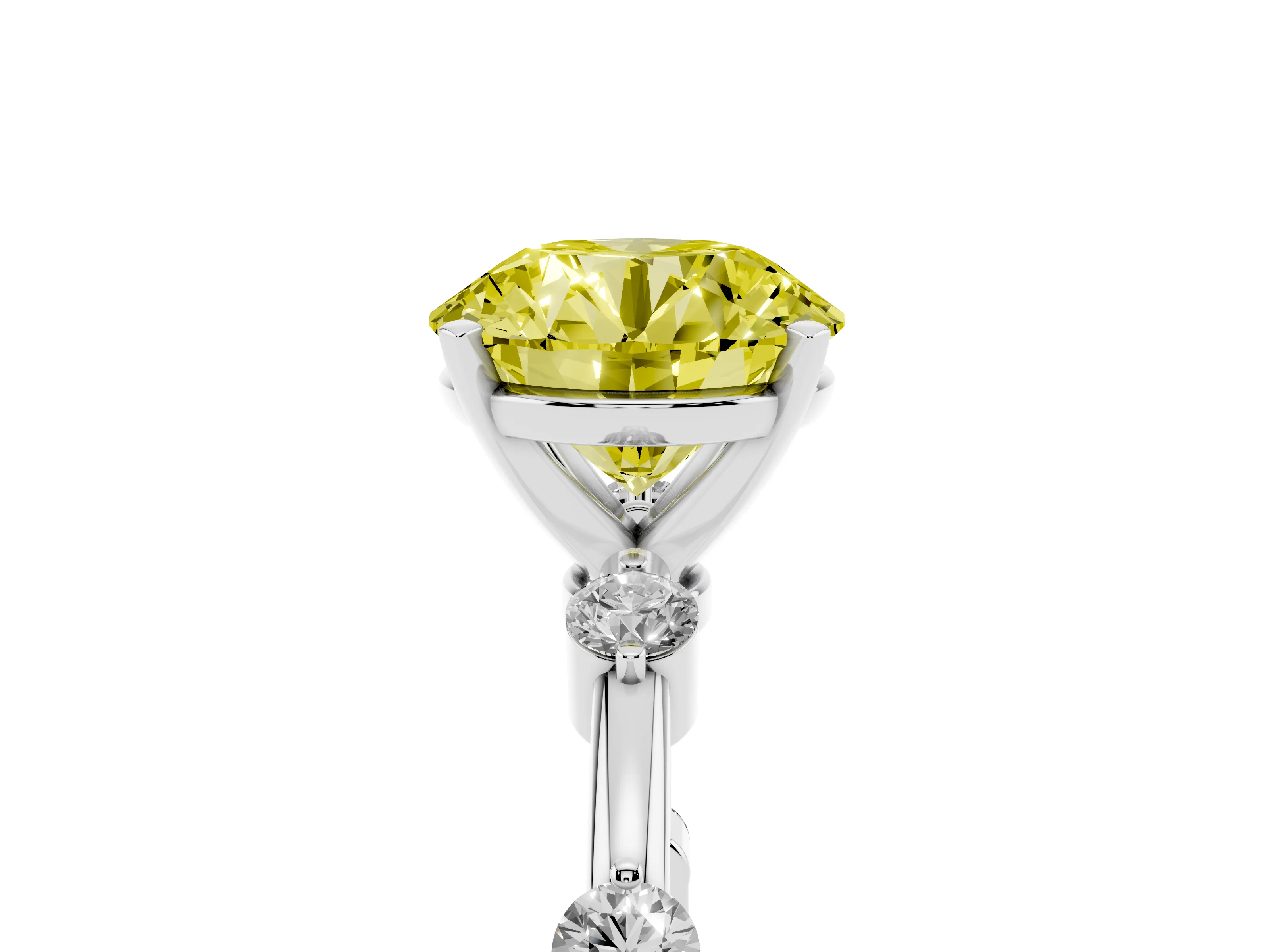 Fancy Yellow Round Cut Diamond Solitaire Ring Set in Platinum with Bezel Set Side Stones and Prong Setting