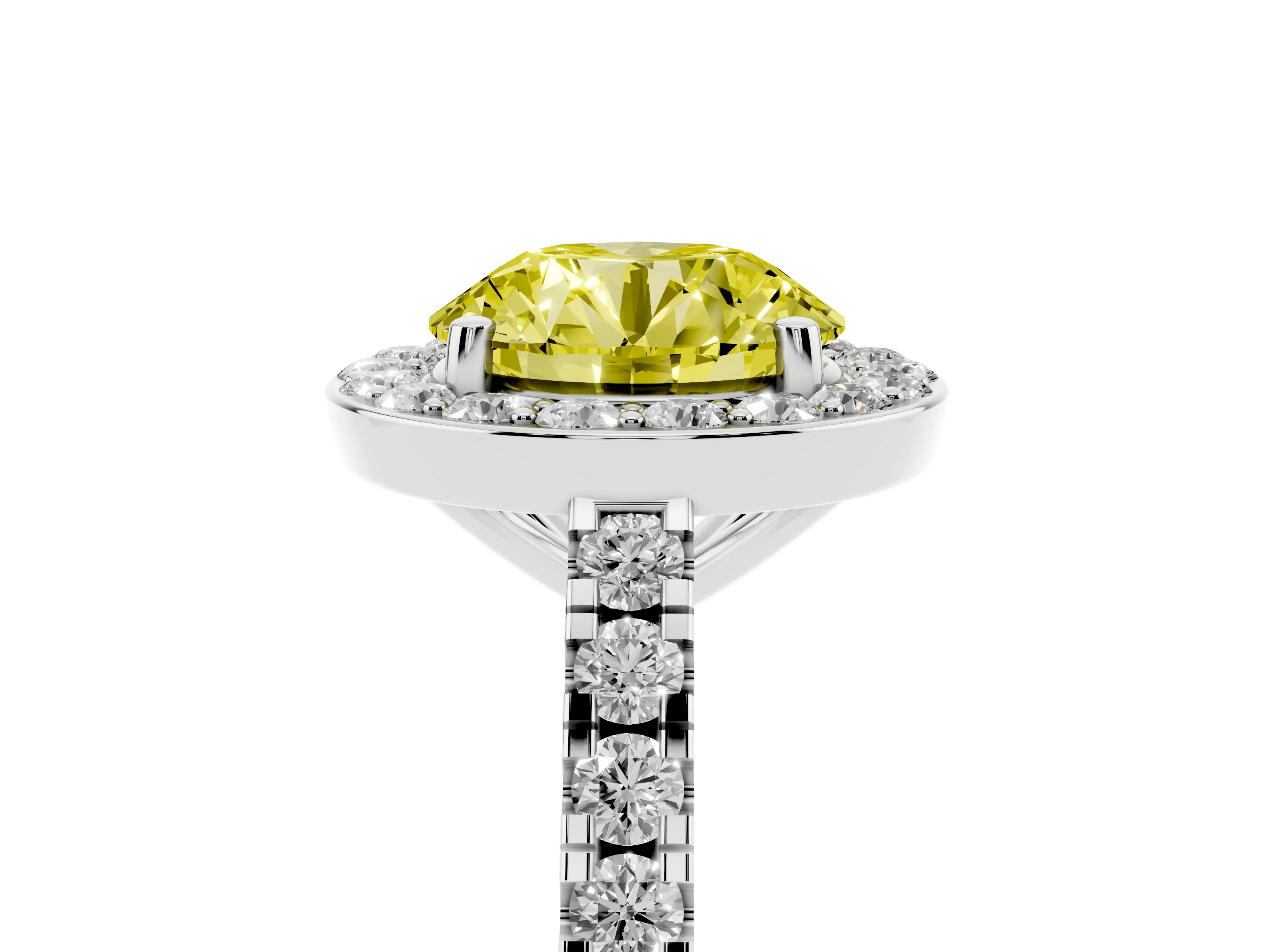 Fancy Yellow Round Cut Diamond Halo Ring Set in Platinum with Round Pavé Split Shank and Prong Setting