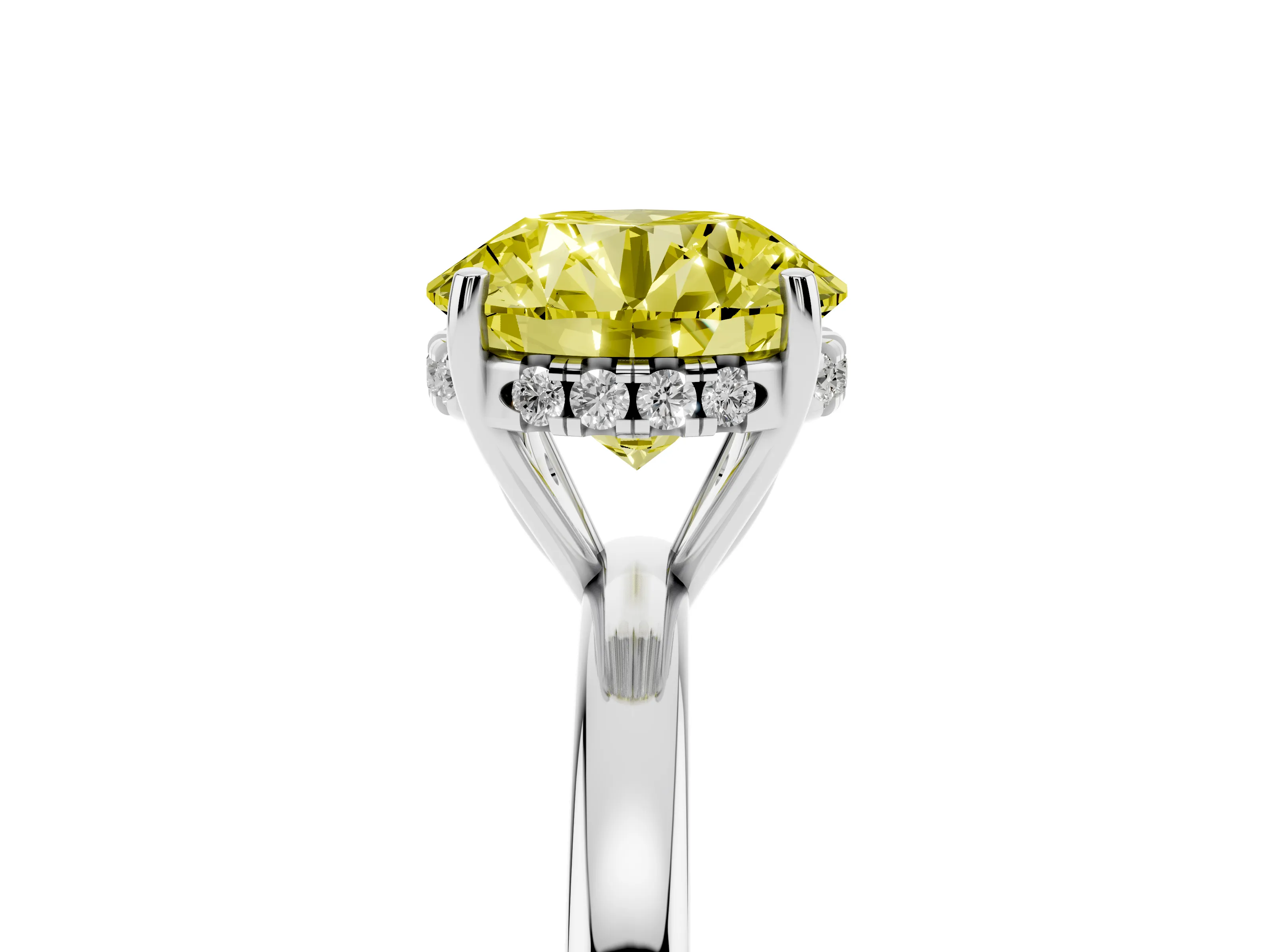 Fancy Yellow Round Cut Diamond Solitaire Ring Set in Platinum with Plain Band and Prong Setting