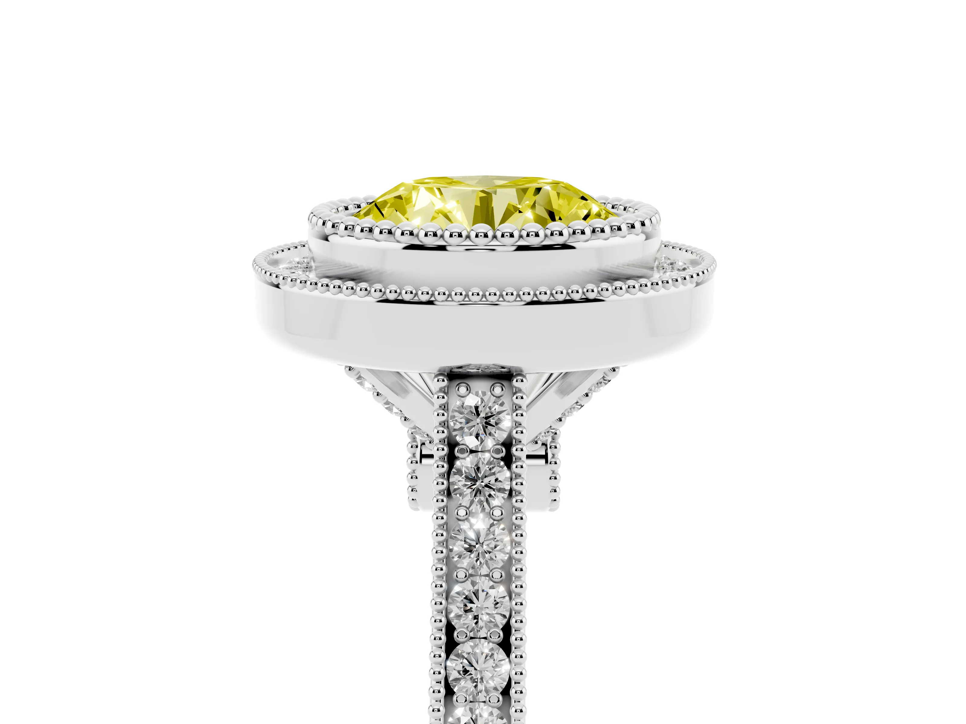Fancy Yellow Round Cut Diamond Halo Ring Set in Silver with Milgrain Frame and Pavé Band