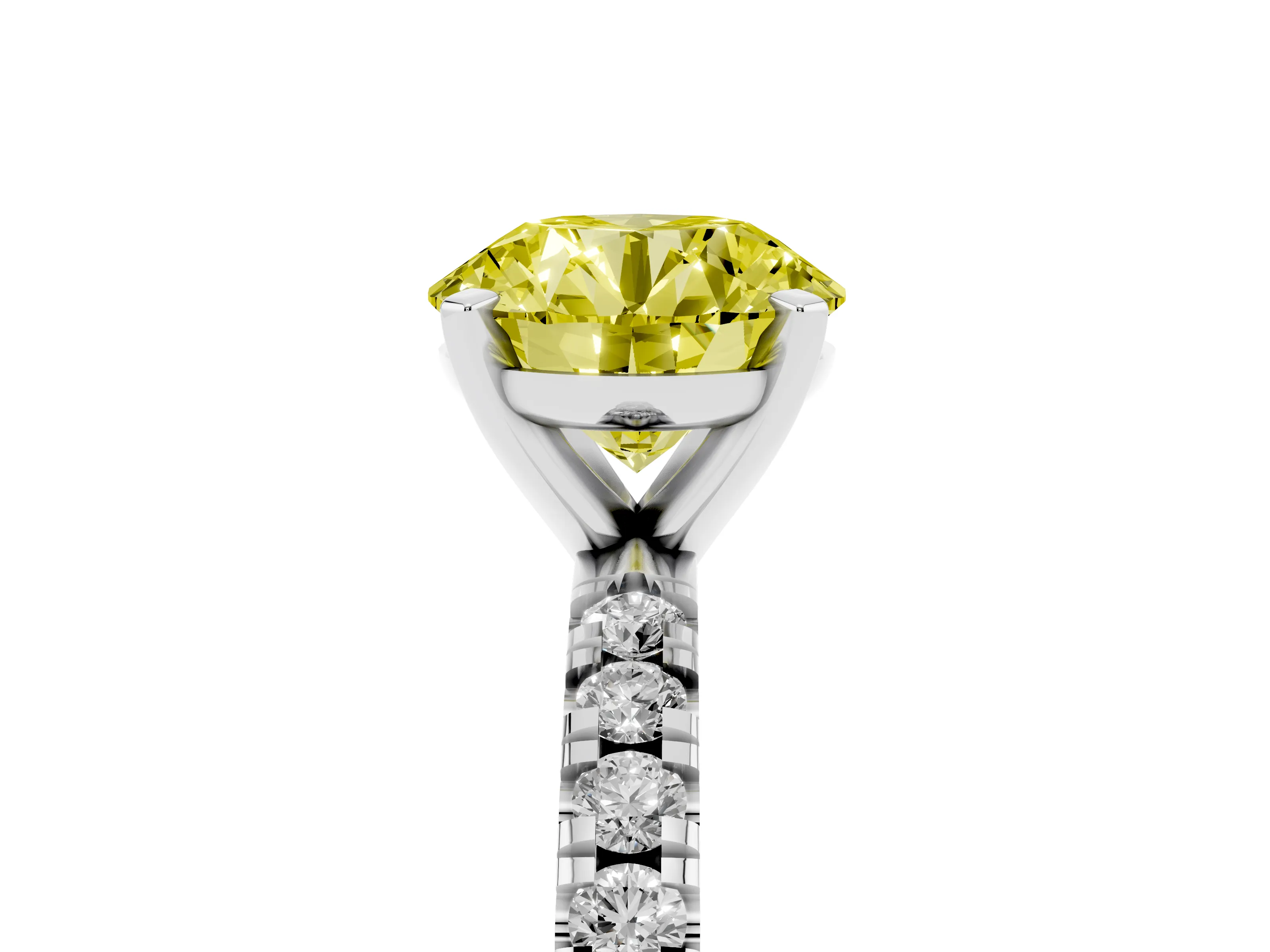 Fancy Yellow Round Cut Diamond Pavé Band Solitaire Set in White gold with Prong Setting