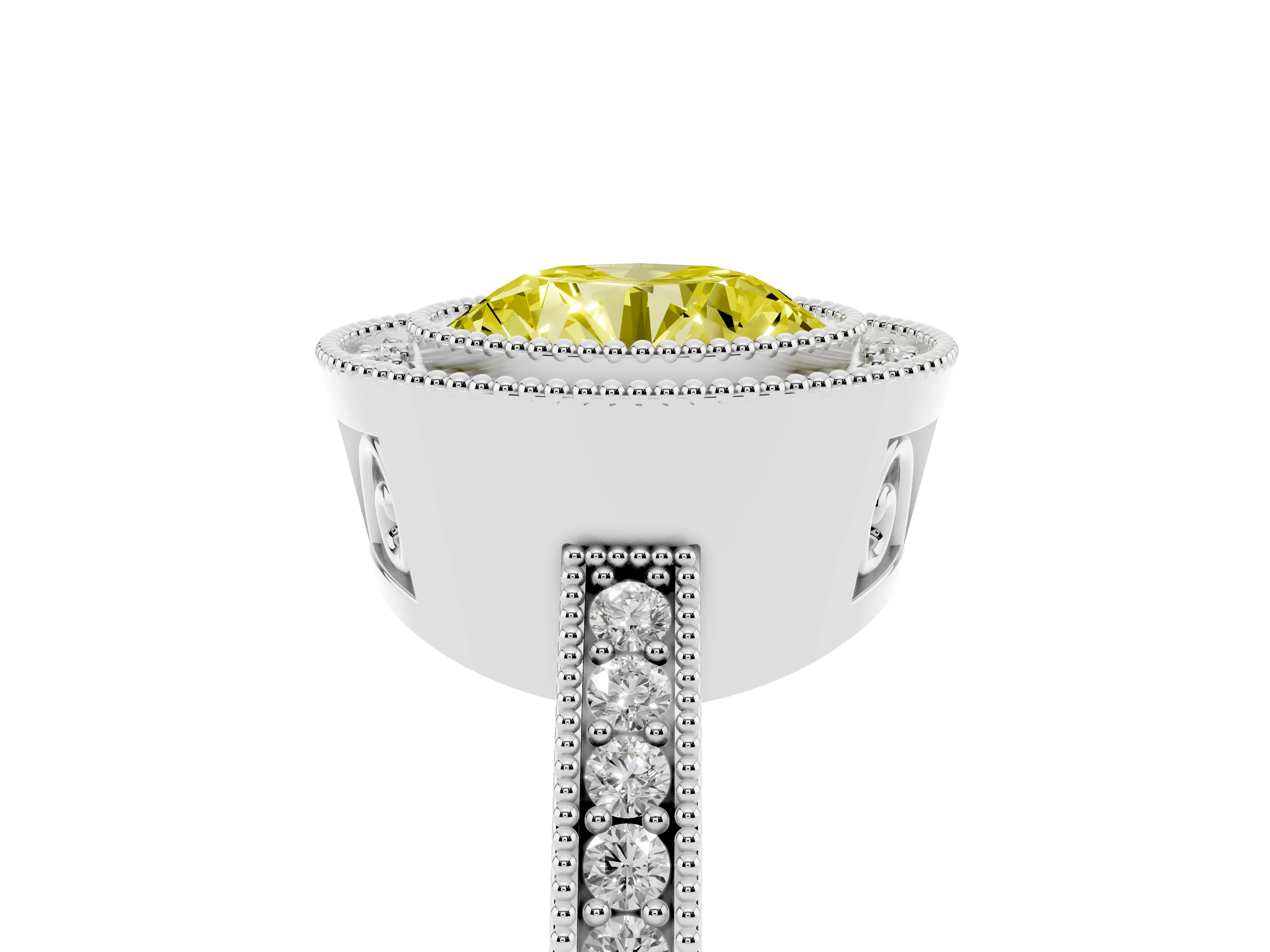 Fancy Yellow Round Cut Diamond Round Halo Ring Set in White gold with Pavé Band