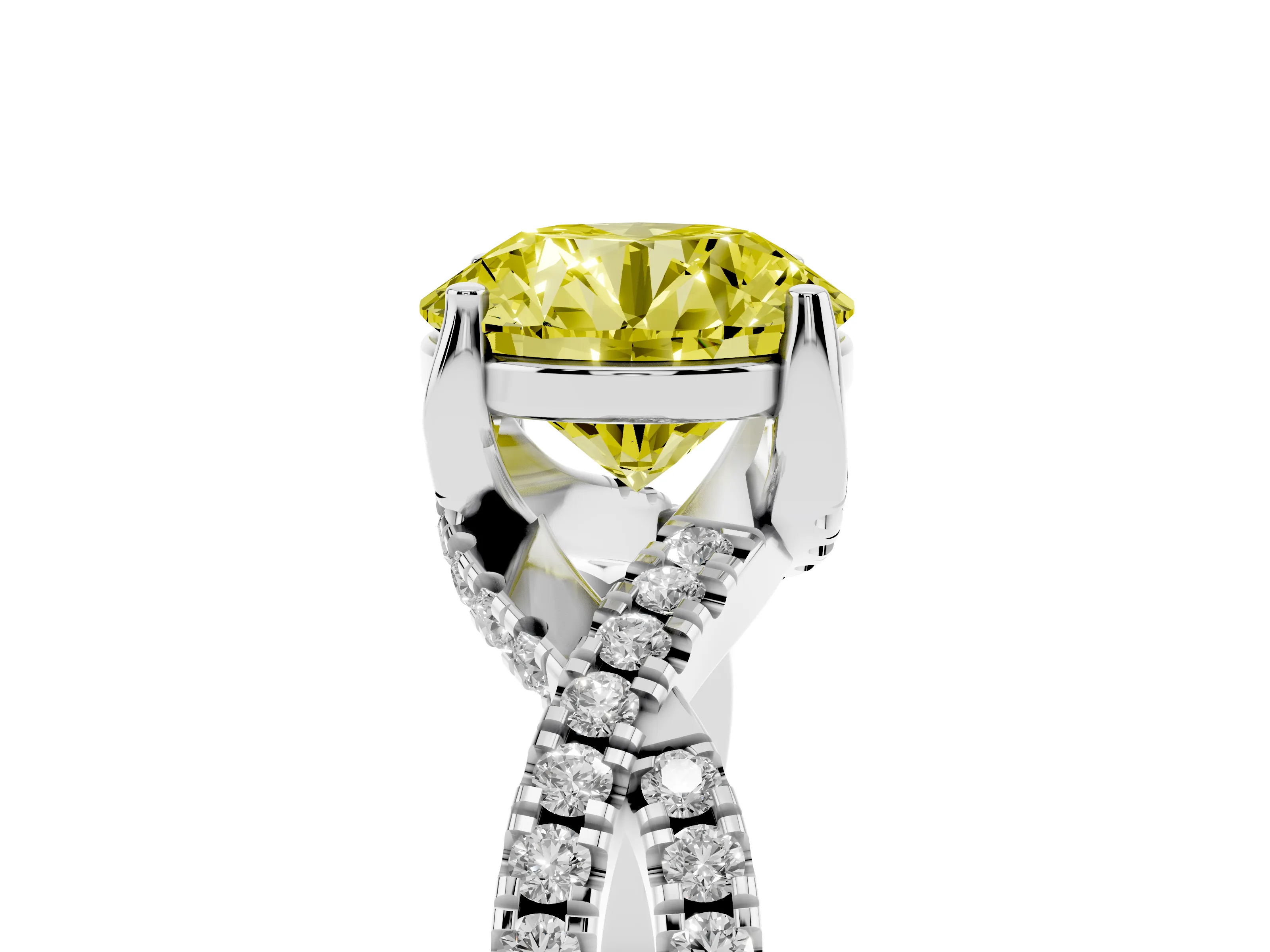 Fancy Yellow Round Cut Diamond Twist Pavé Solitaire Engagement Ring Set in Silver with Prong Setting