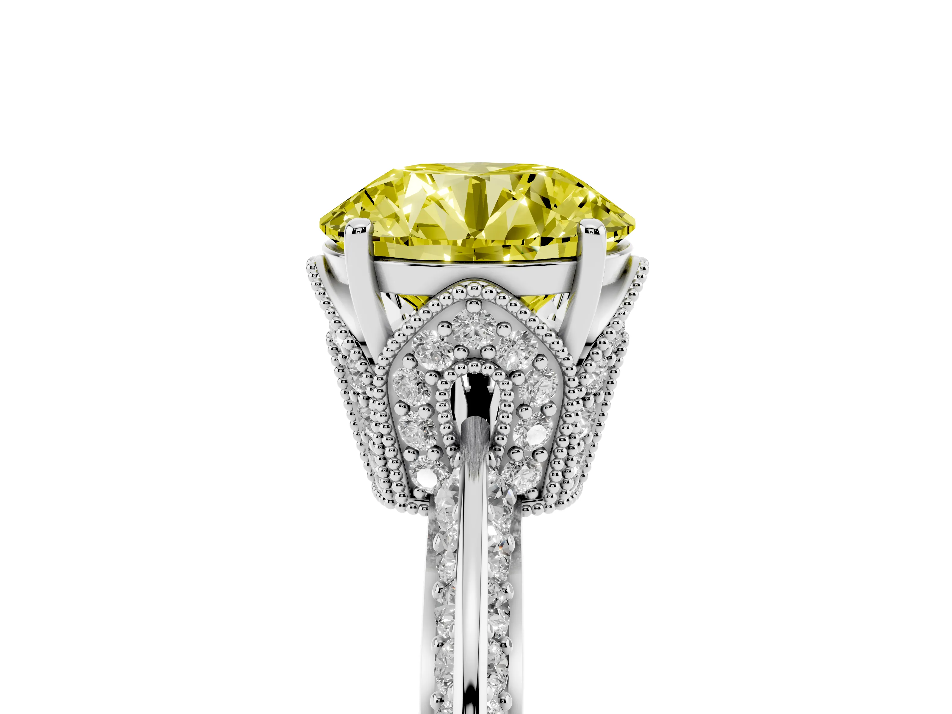 Fancy Yellow Round Cut Diamond Solitaire Engagement Ring Set in Silver with Pavé Split Shank and Prong Setting