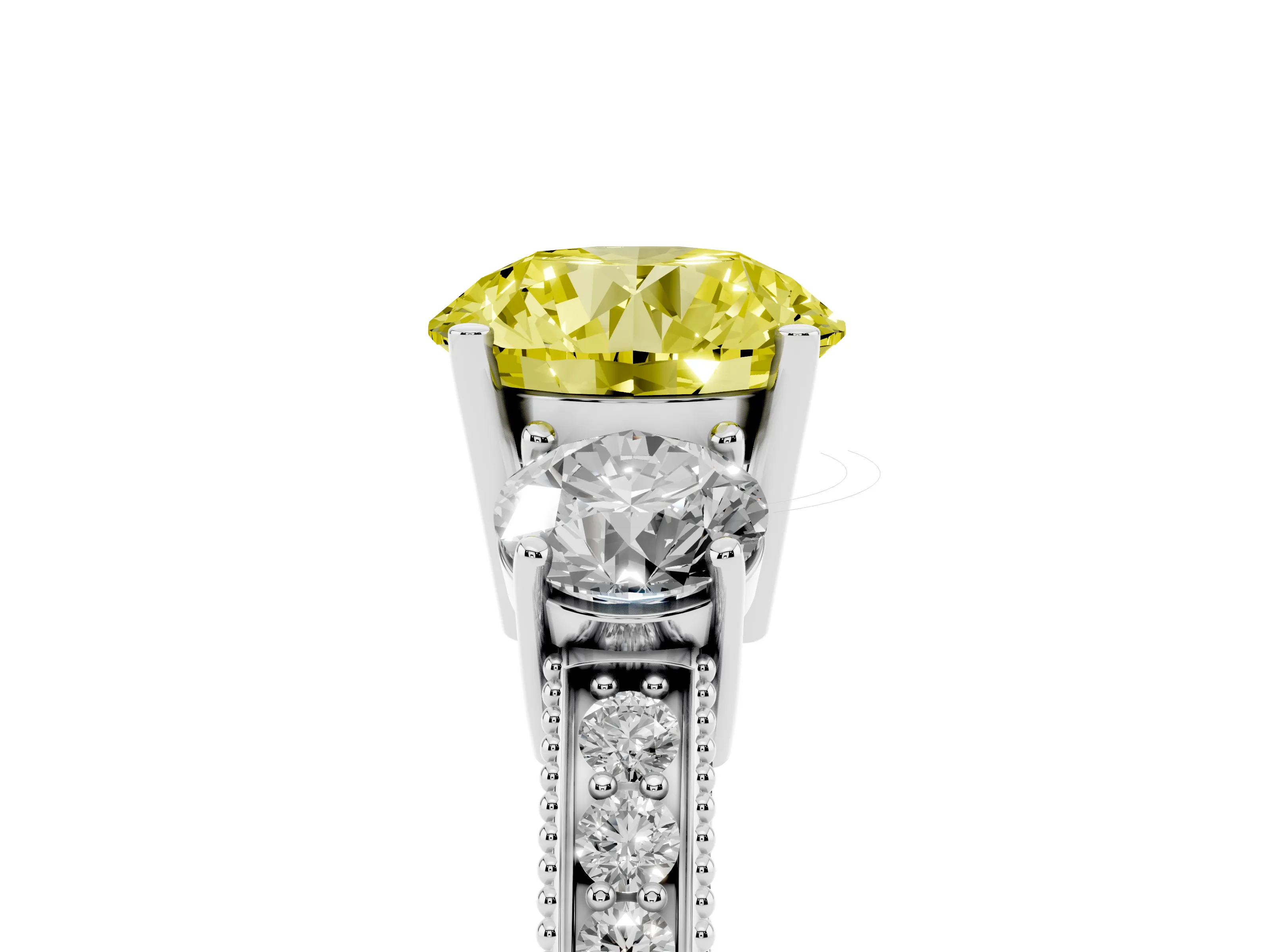 Fancy Yellow Round Cut Diamond Three-Stone Ring Set in Platinum with Round Side Stones and Pavé Band