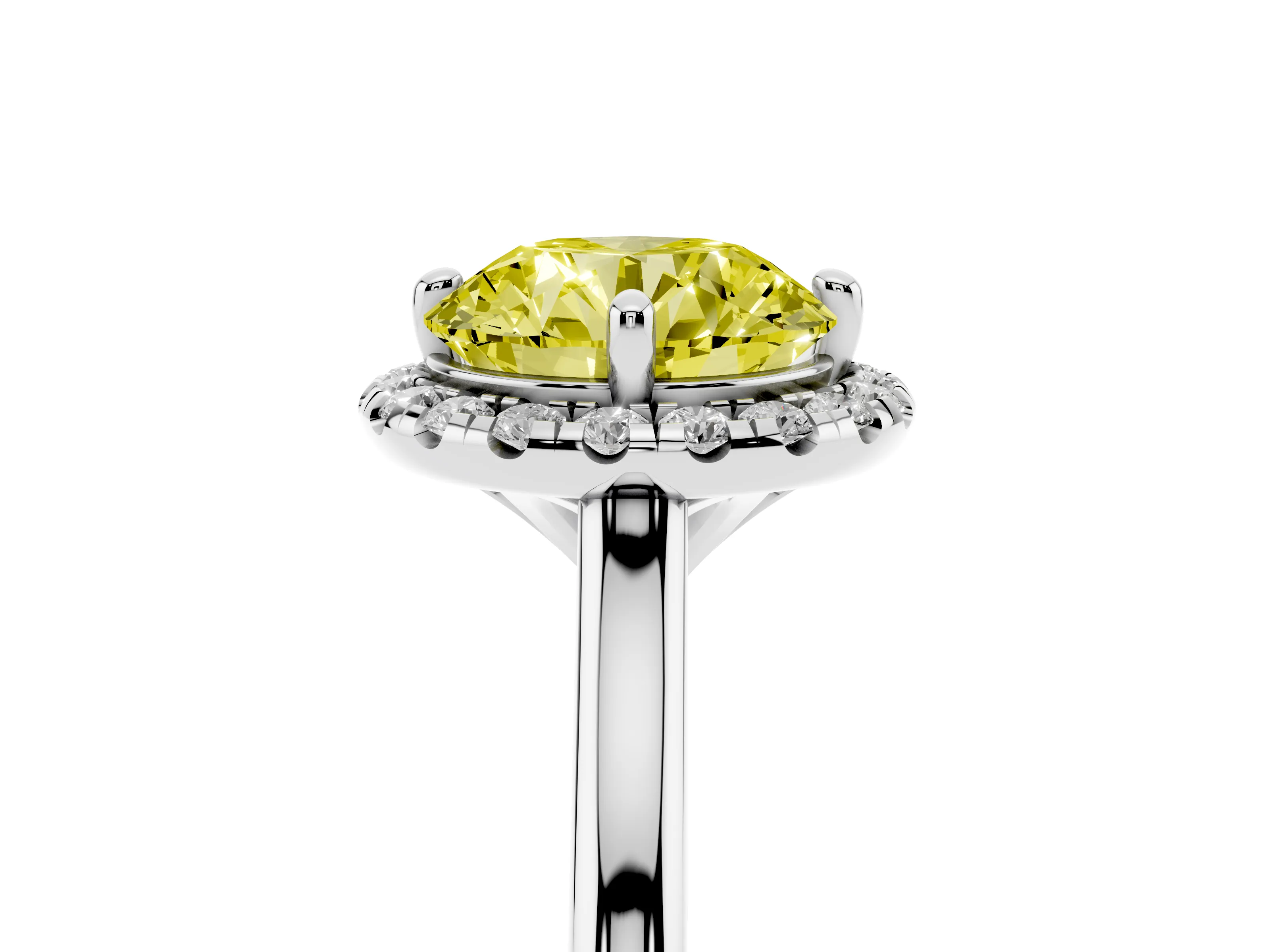 Fancy Yellow Round Cut Diamond Halo Engagement Ring Set in Platinum with Pavé Band and Rising Shoulders