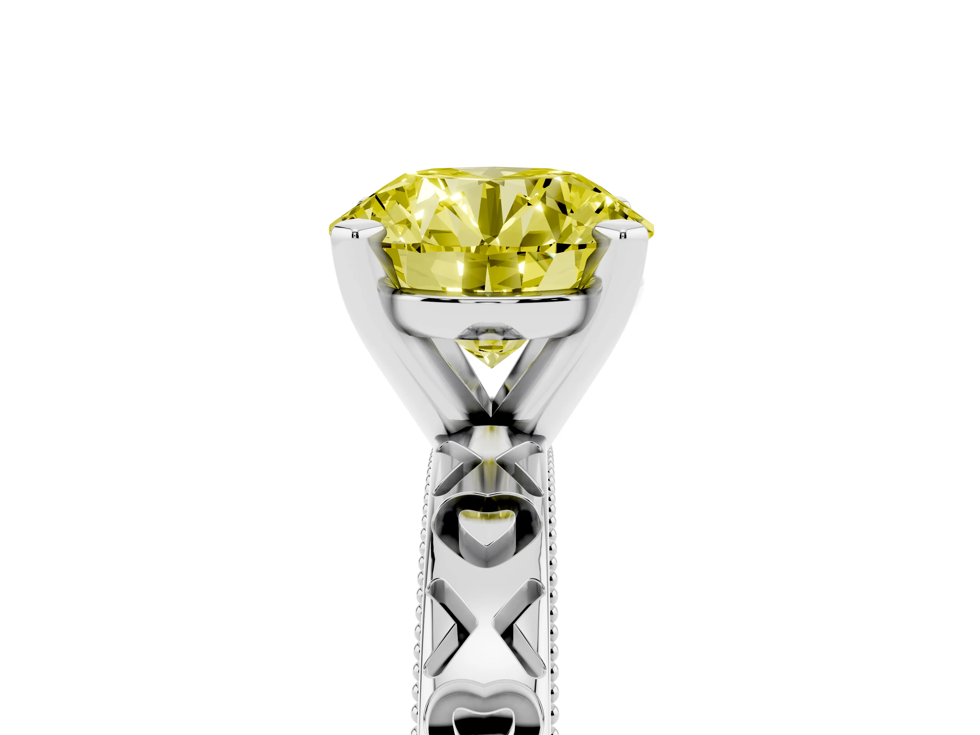 Fancy Yellow Round Cut Diamond Solitaire Engagement Ring Set in White gold with XO Engraved Band and Prong Setting