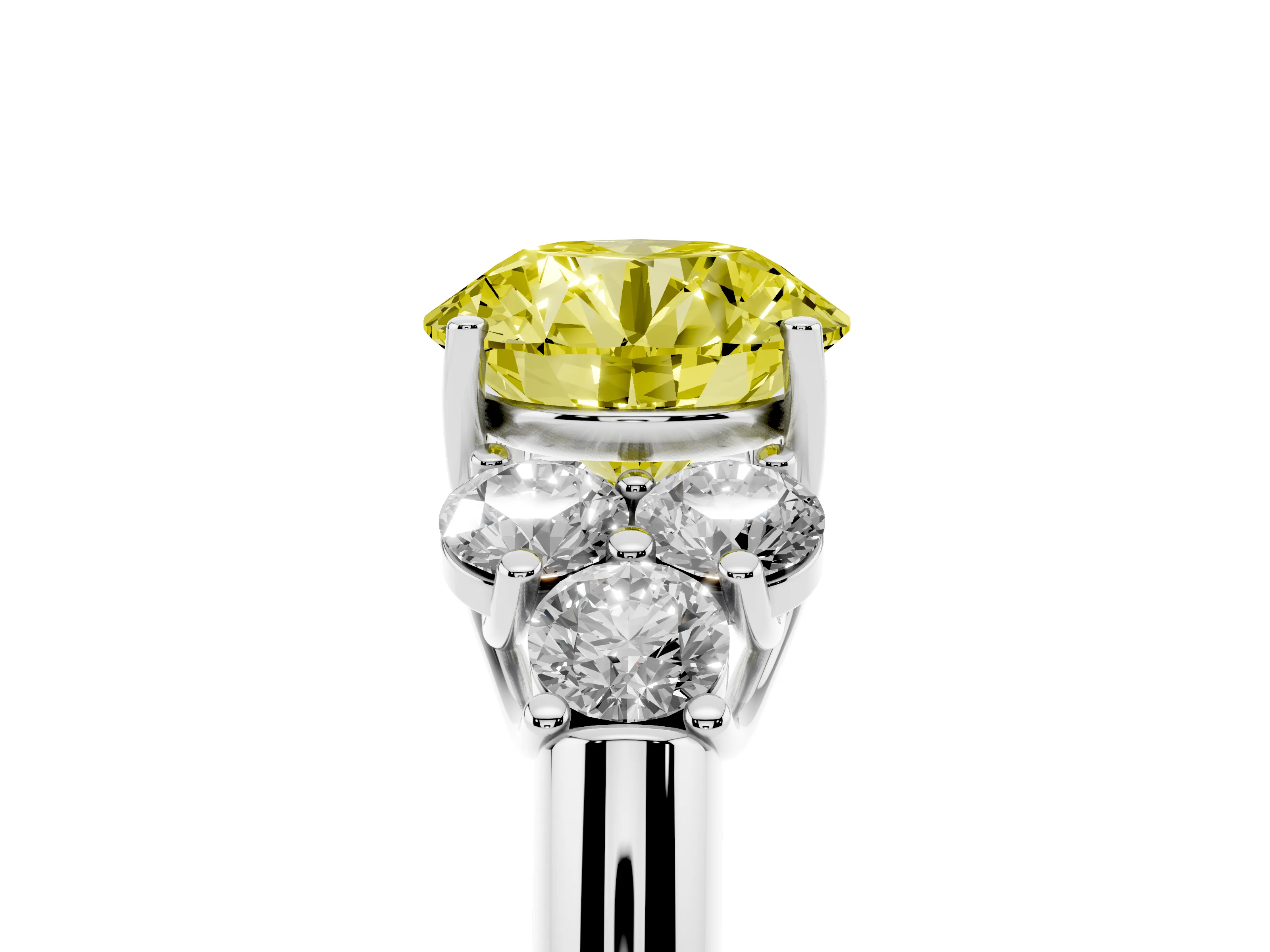 Fancy Yellow Round Cut Diamond Cluster Ring Set in Platinum with Round Accent Stones and Prong Setting on a Plain Band