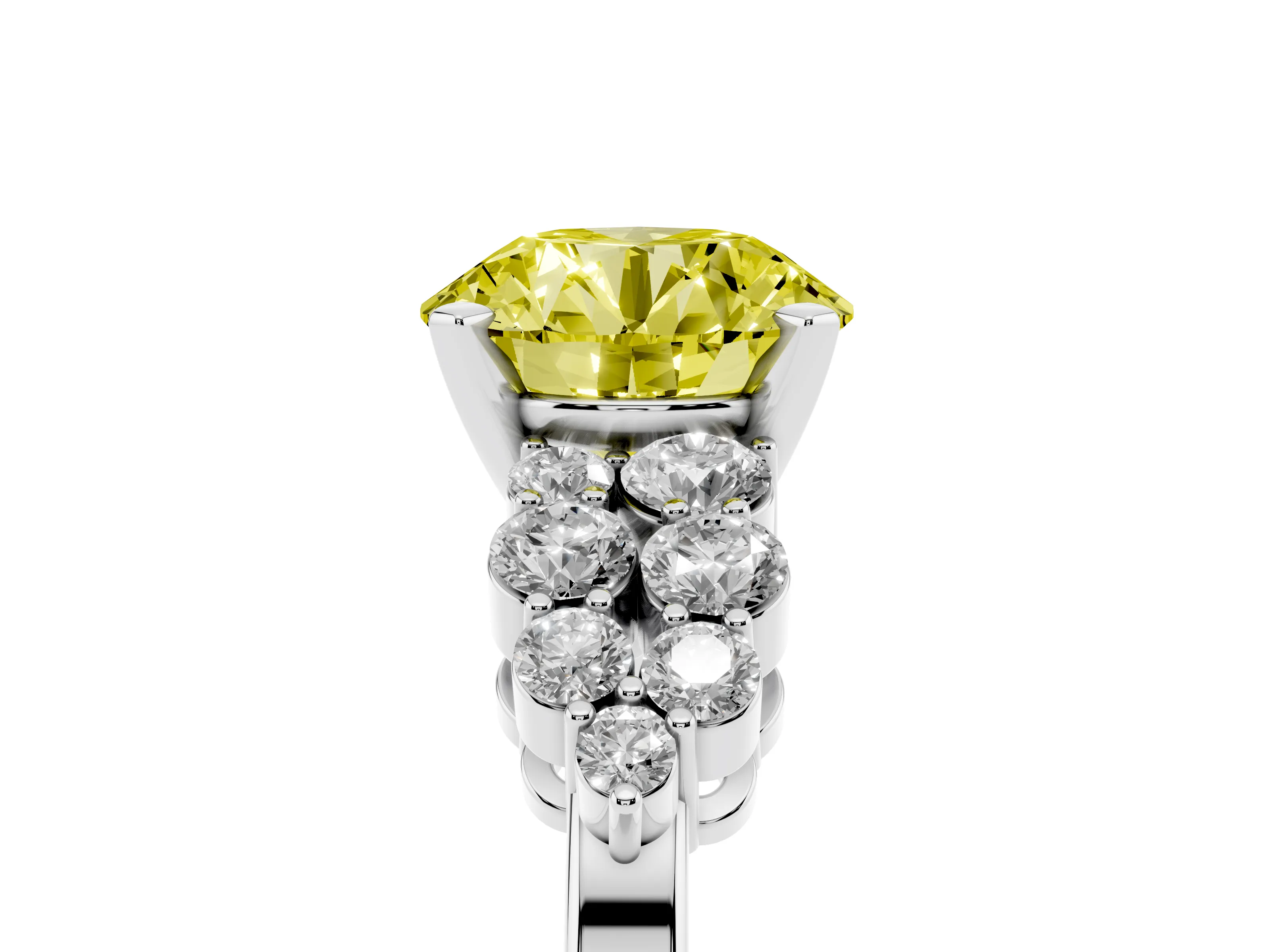 Fancy Yellow Round Cut Diamond Cluster Engagement Ring Set in Silver with Pavé Band and Prong Setting