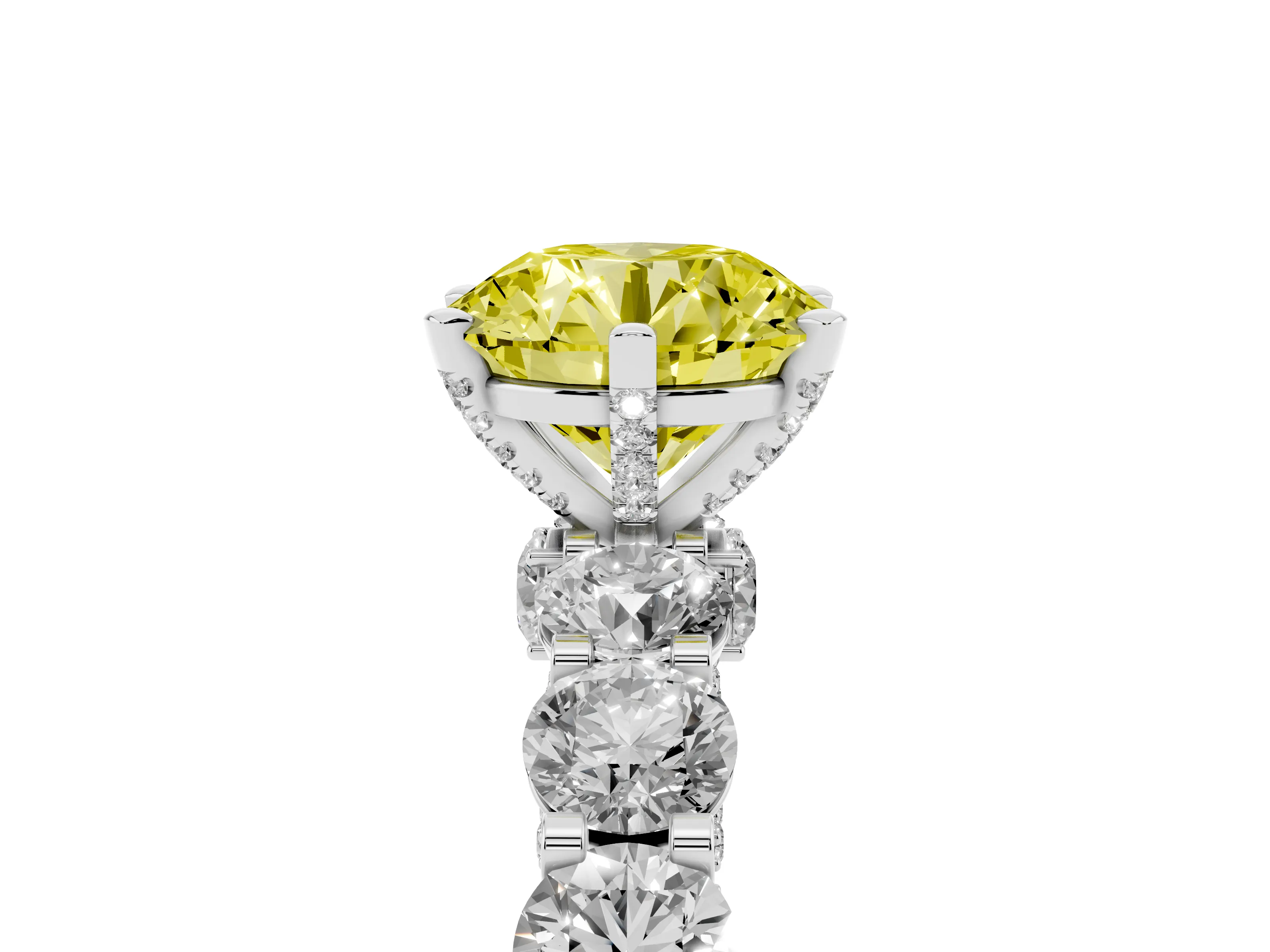 Fancy Yellow Round Cut Diamond Side Stone Ring Set in Platinum with Alternating Round and Oval Side Stones