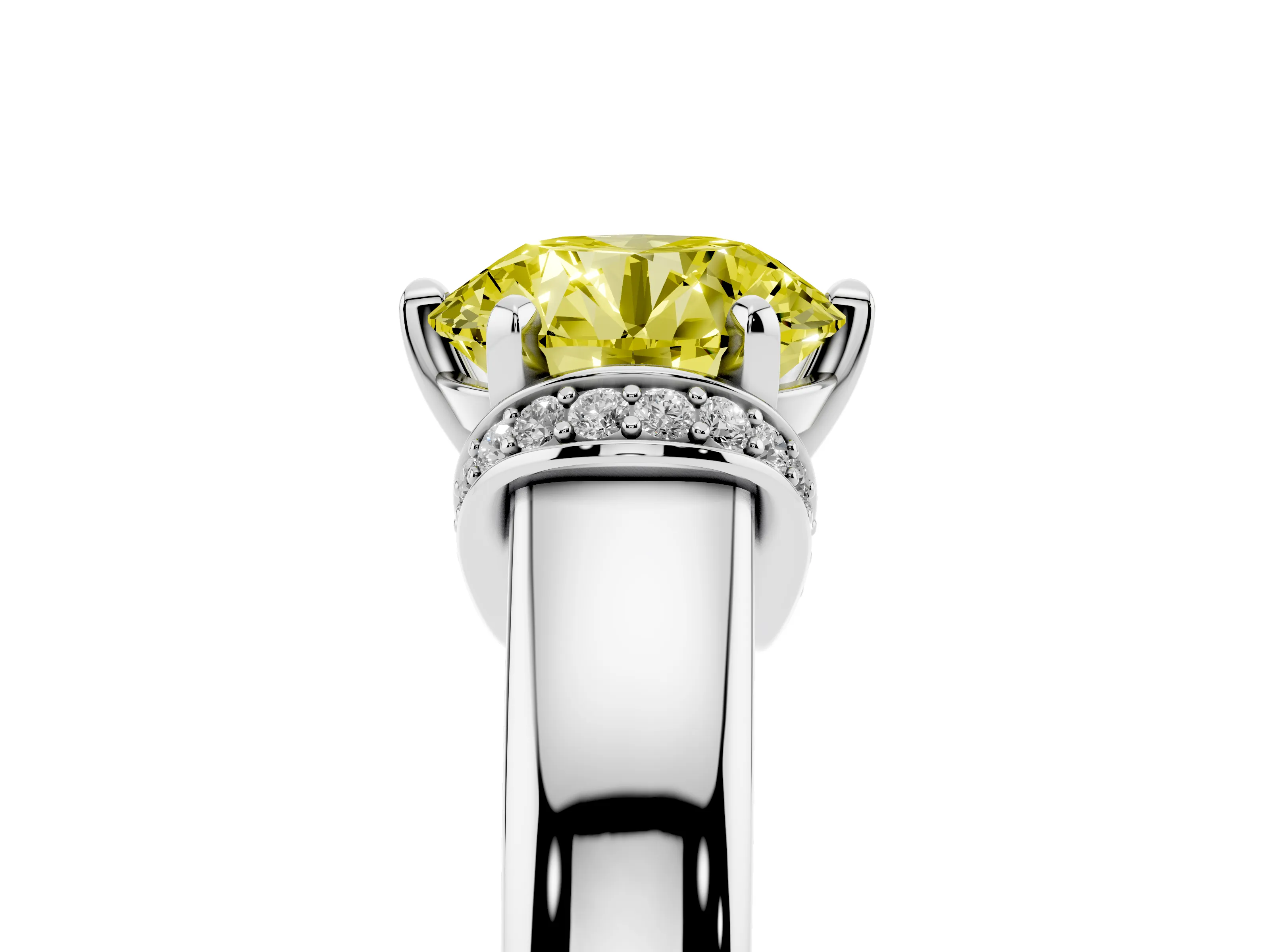 Fancy Yellow Round Cut Diamond Pavé Band Solitaire Ring Set in Silver with Prong Setting