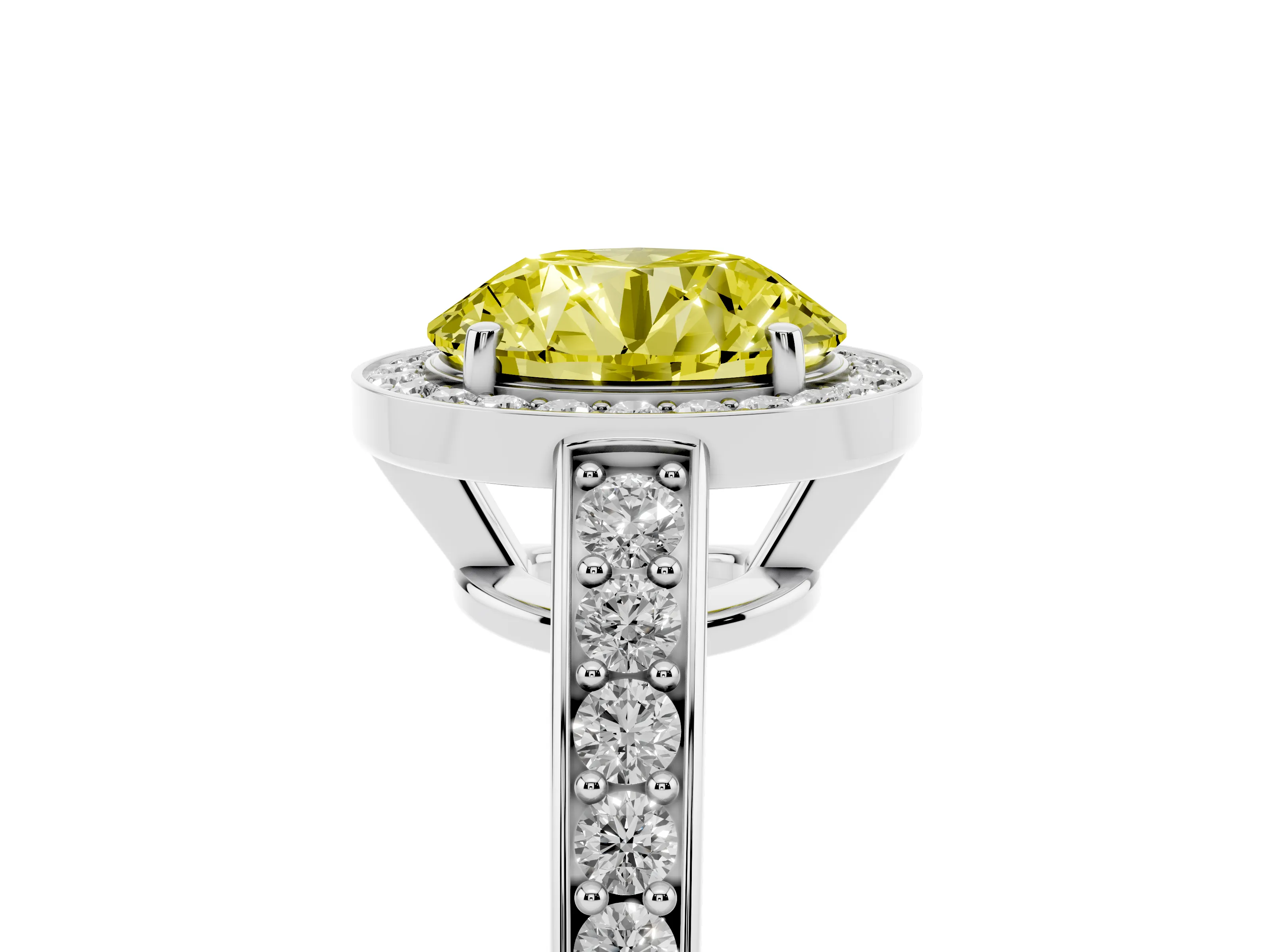 Fancy Yellow Round Cut Diamond Halo Pavé Engagement Ring Set in Platinum with Bezel Setting